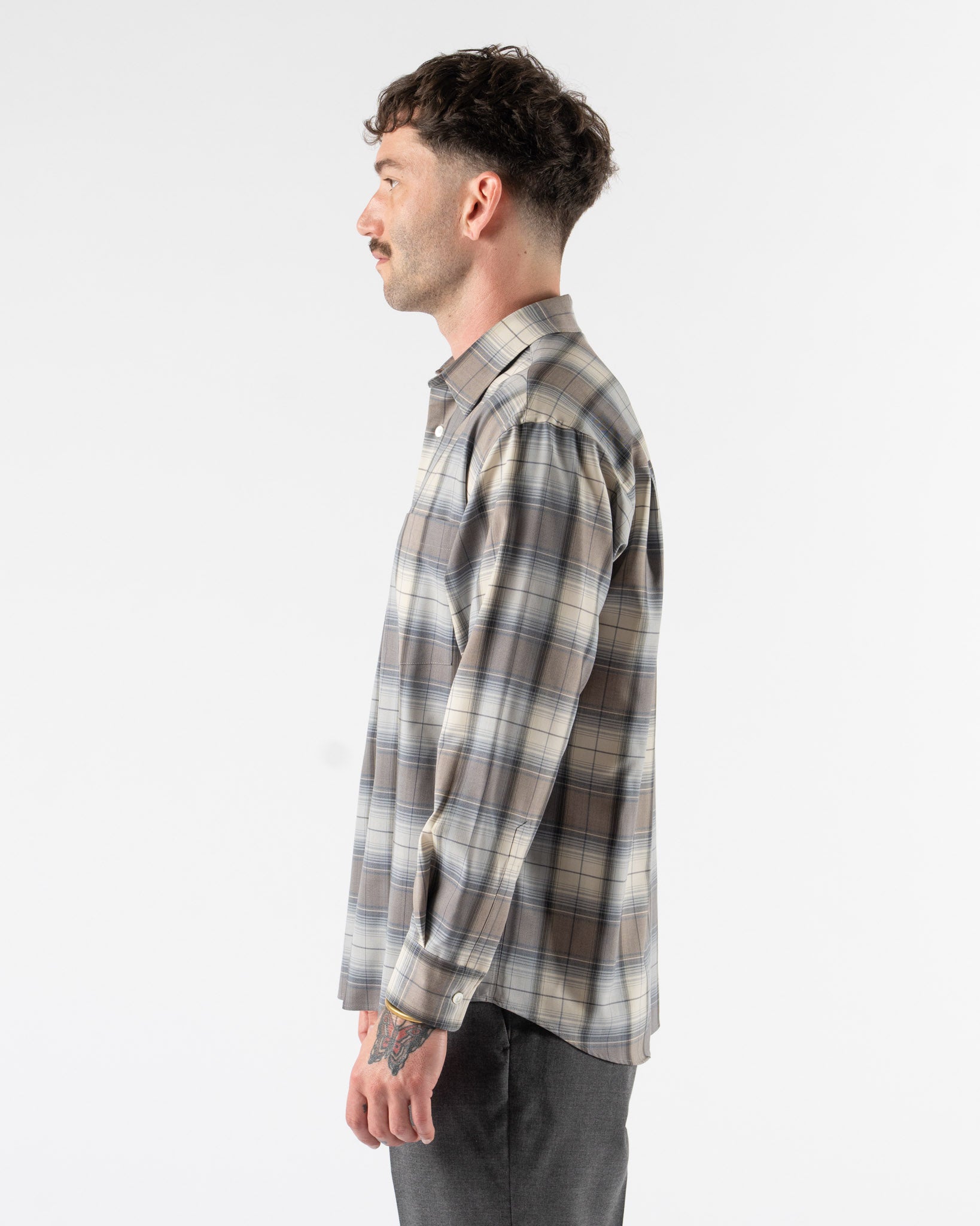 Auralee Super Light Wool Shirt in Blue Gray Check