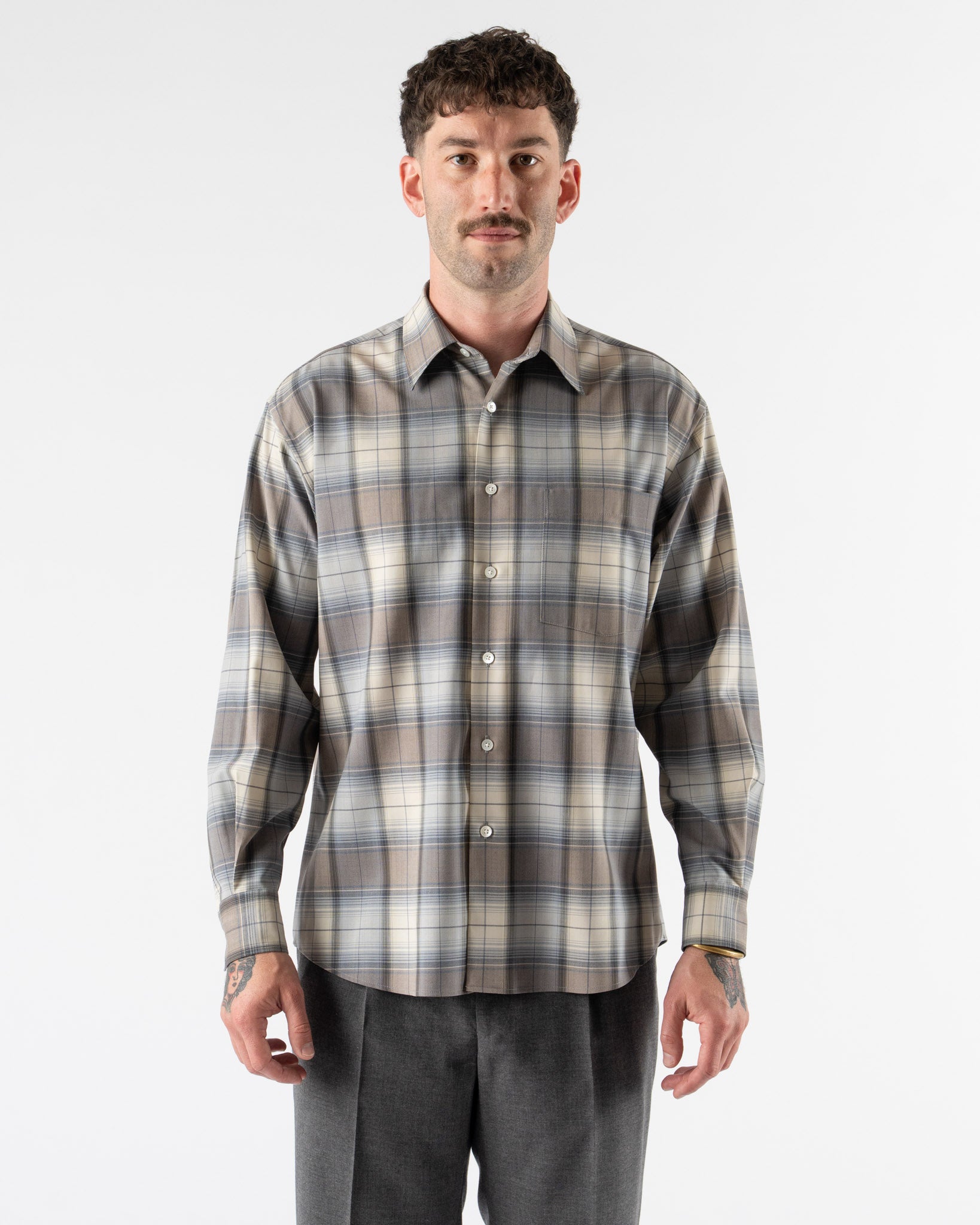 Auralee Super Light Wool Shirt in Blue Gray Check