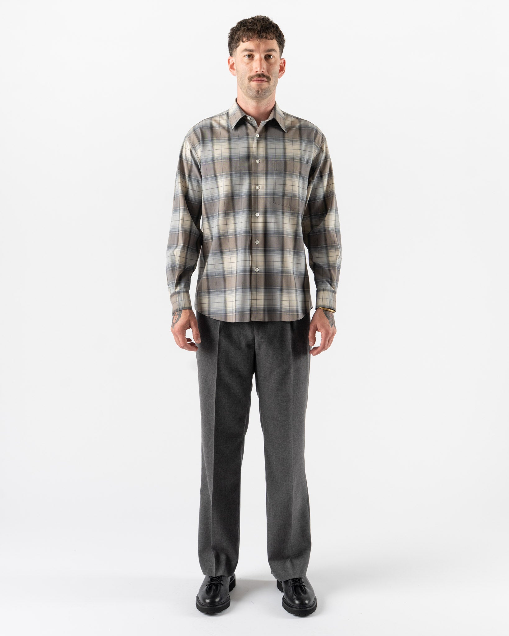 Auralee Super Light Wool Shirt in Blue Gray Check