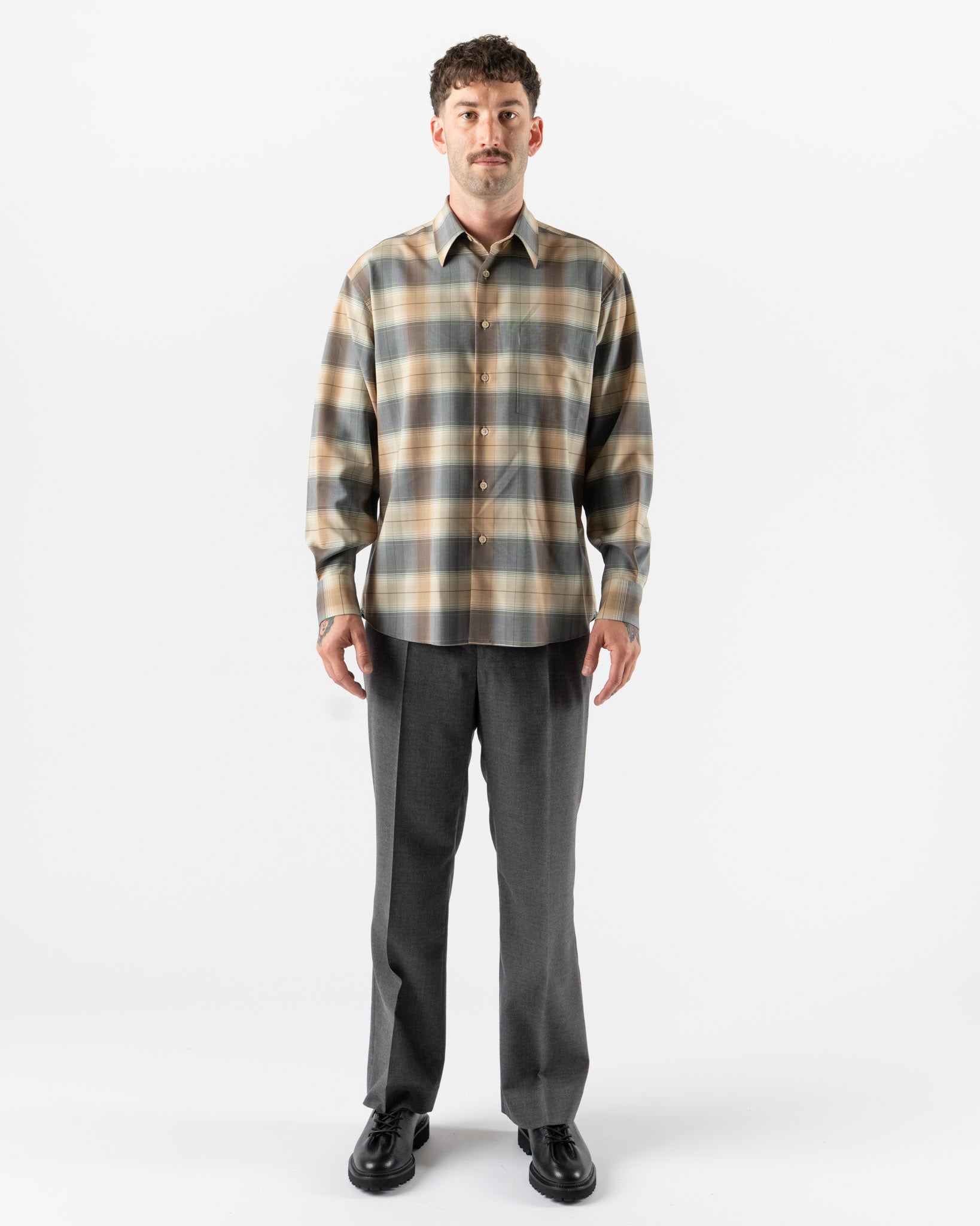 Auralee Super Light Wool Shirt in Light Brown Check
