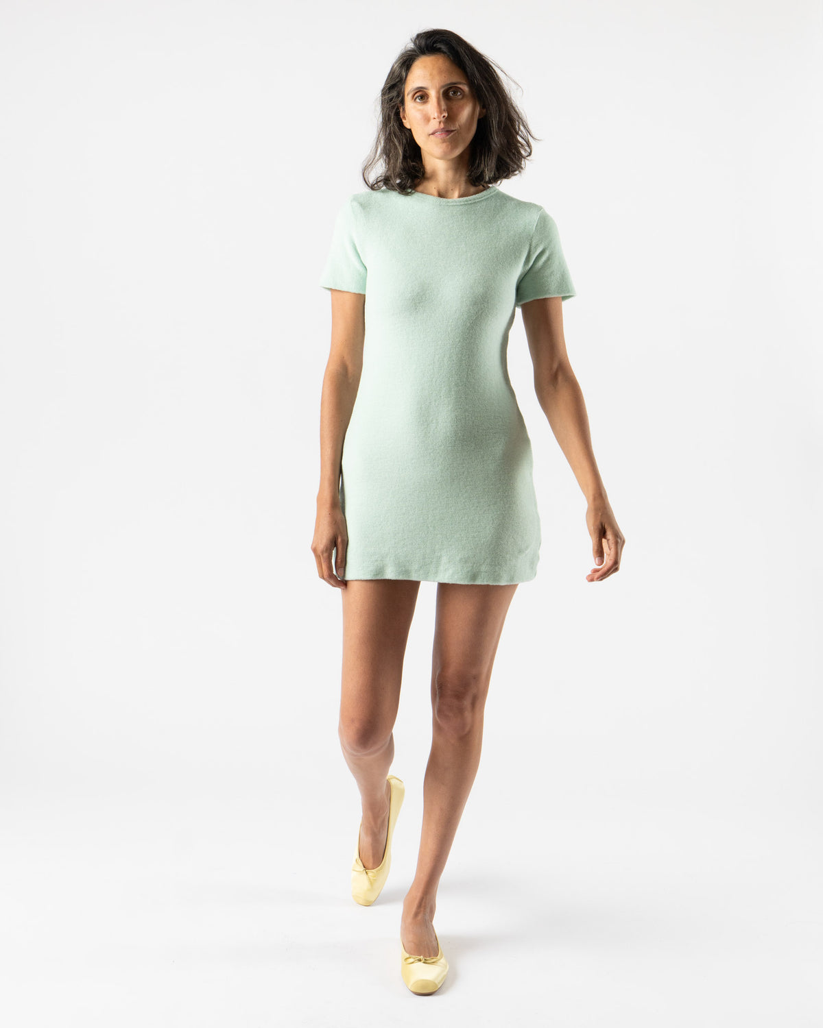 Auralee Washable Wool Pile Mini Dress in Light Aqua Curated at 