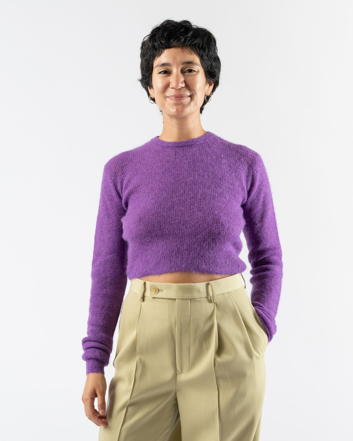 Auralee Baby Suri Knit Alpaca Sheer Knit Sweater in Purple Curated 