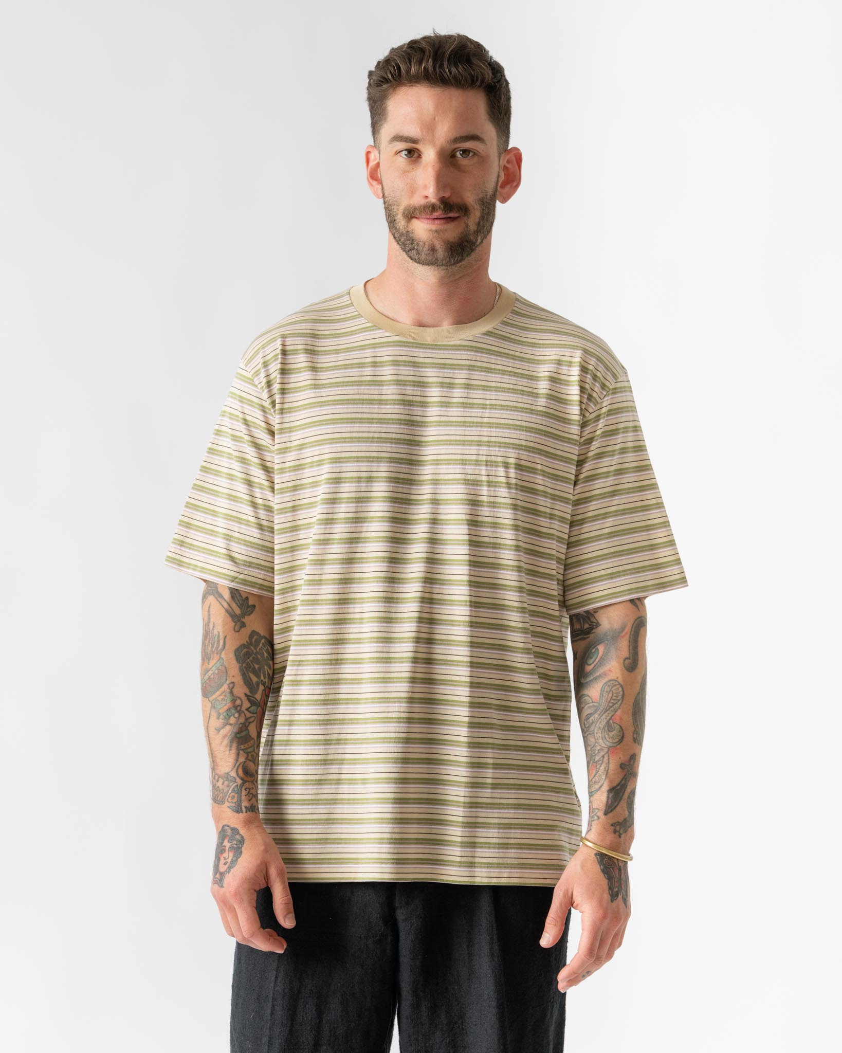 Auralee Hard Twist Cotton Border Tee in Beige