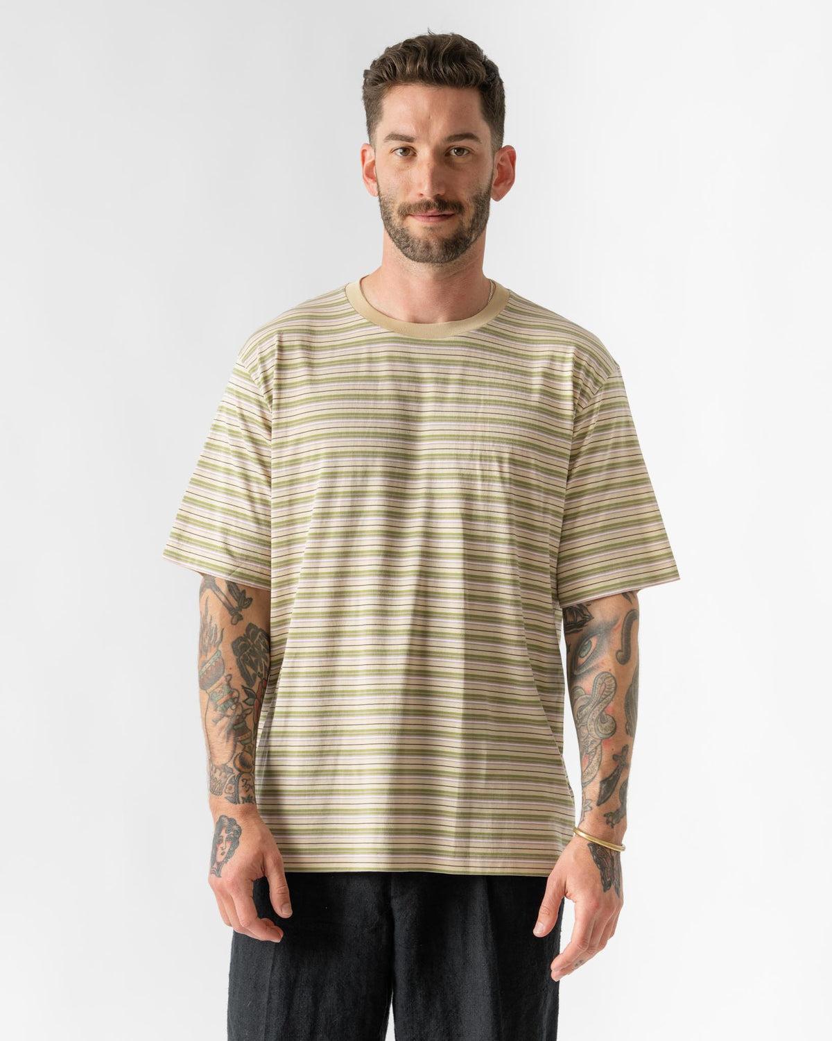 Auralee Hard Twist Cotton Border Tee in Beige Curated at Jake and 