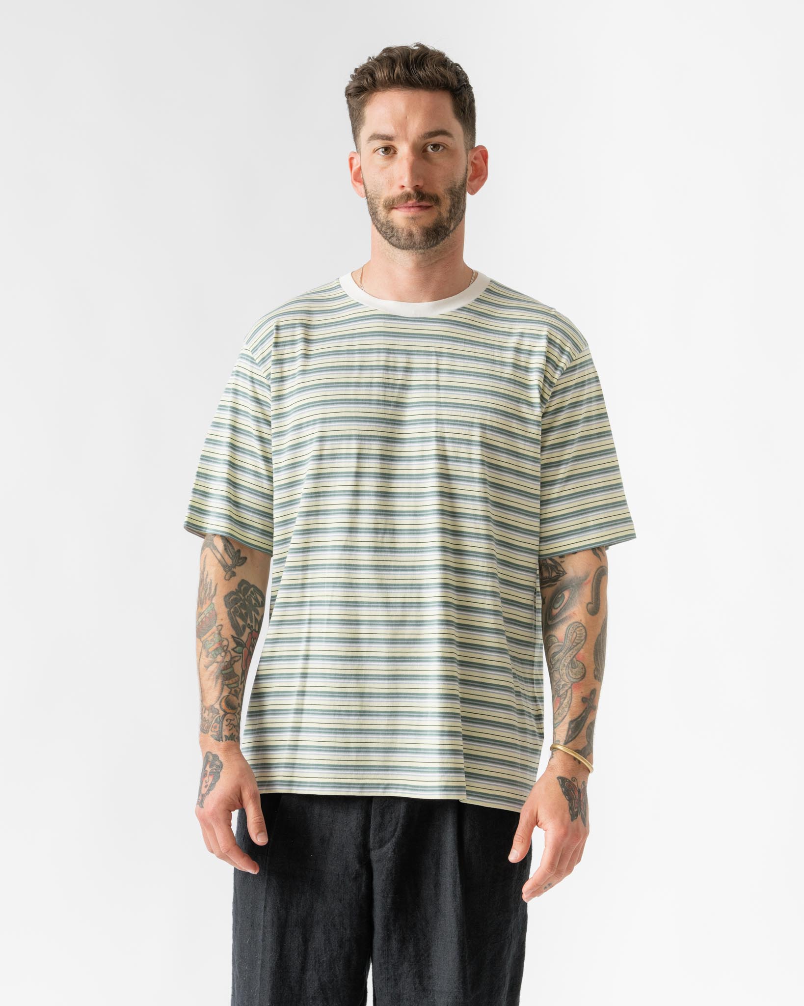 Auralee Hard Twist Cotton Border Tee in Light Green