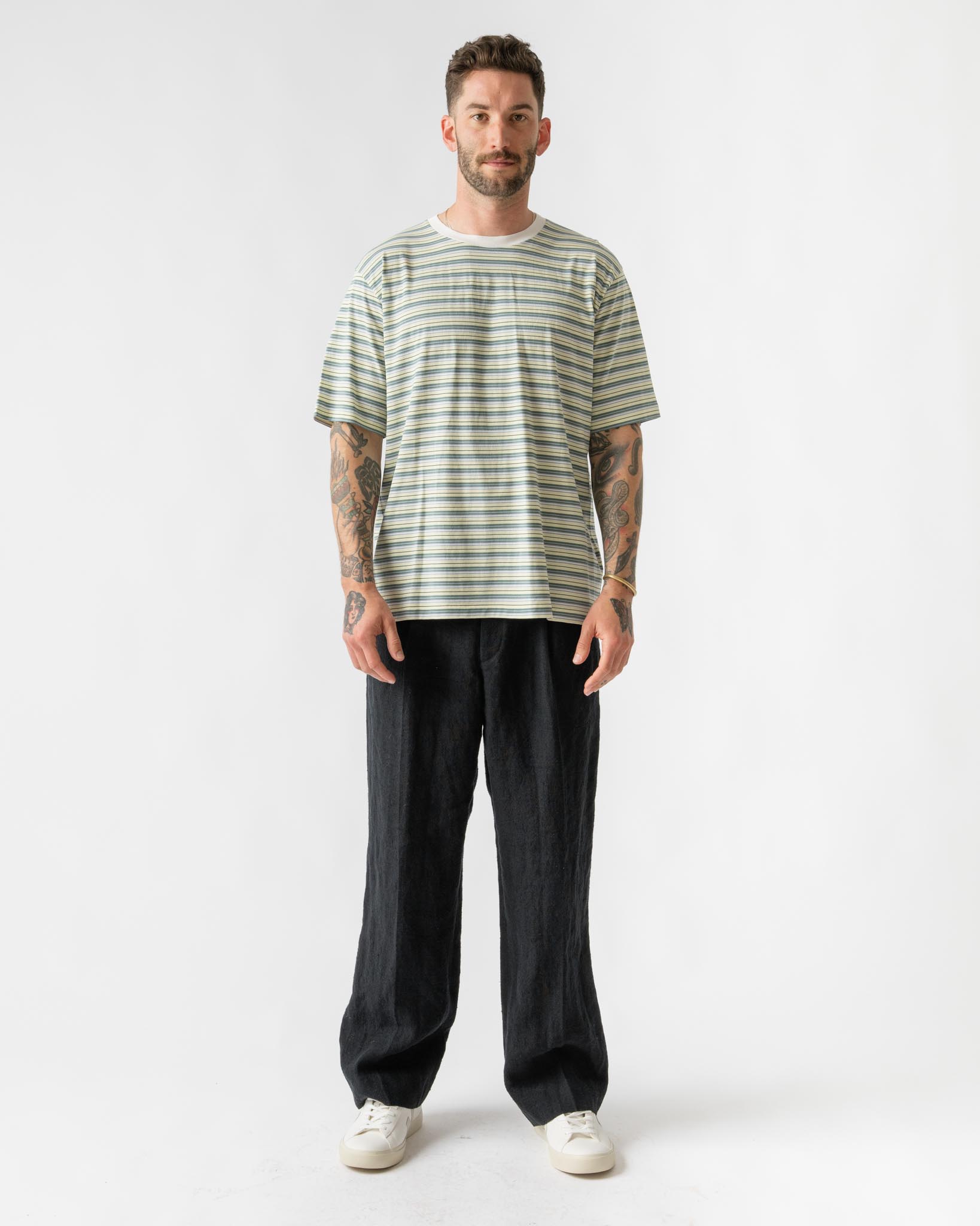 Auralee Hard Twist Cotton Border Tee in Light Green