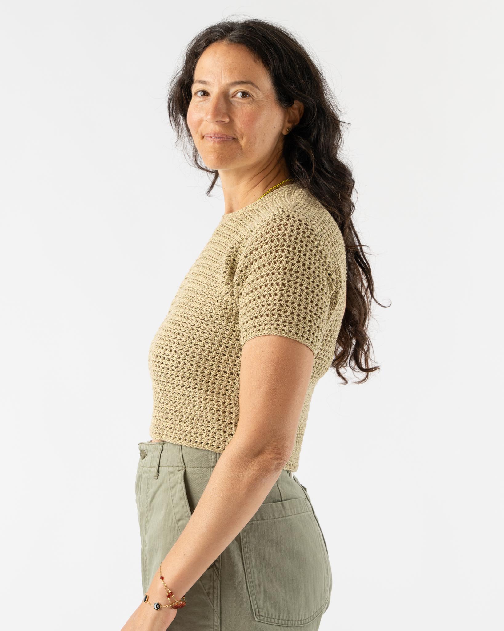 Auralee Hand Crochet Knit Tee in Khaki Beige