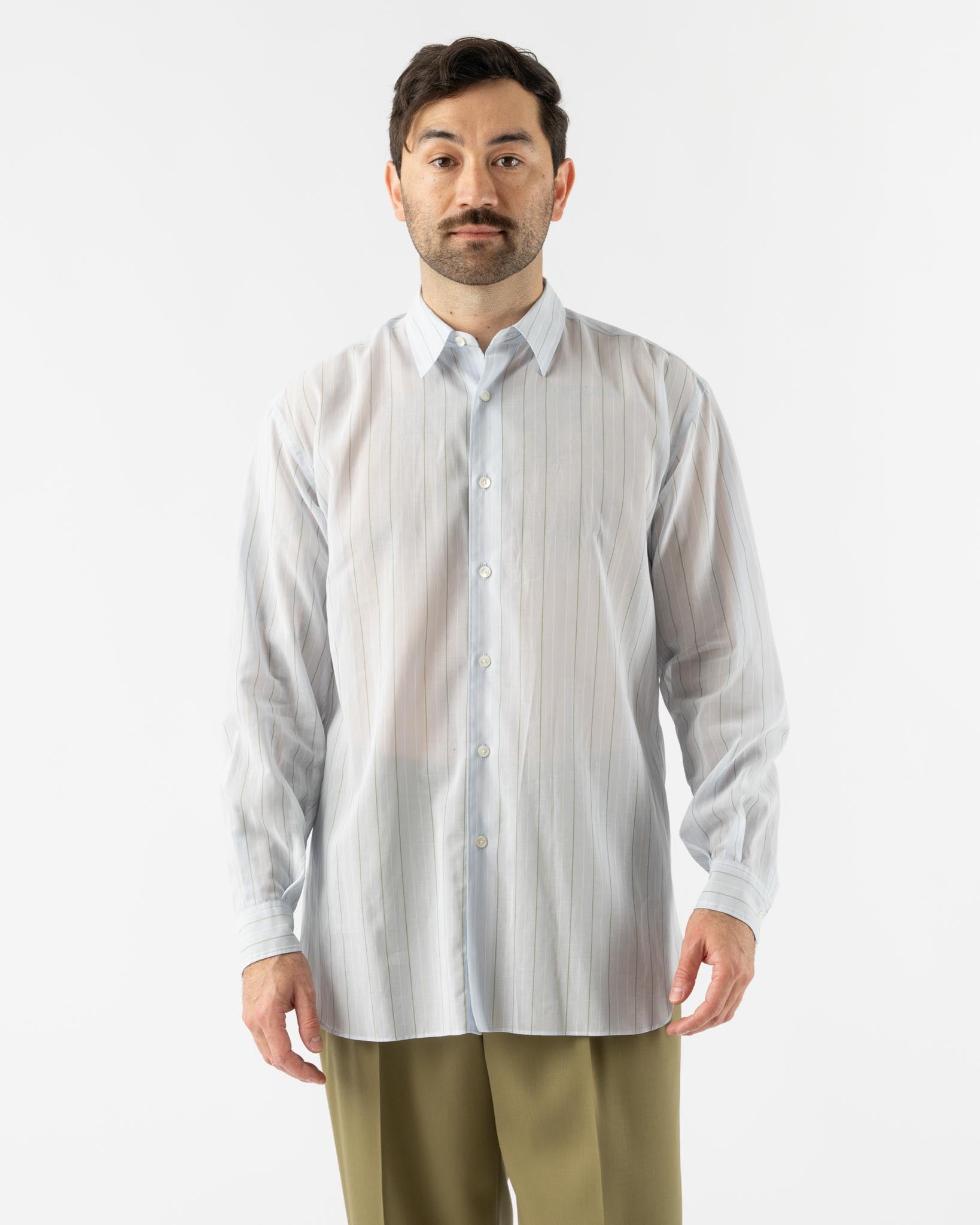 Auralee Mens Hard Twist Finx Organdy Stripe Shirt in Light Blue Stripe