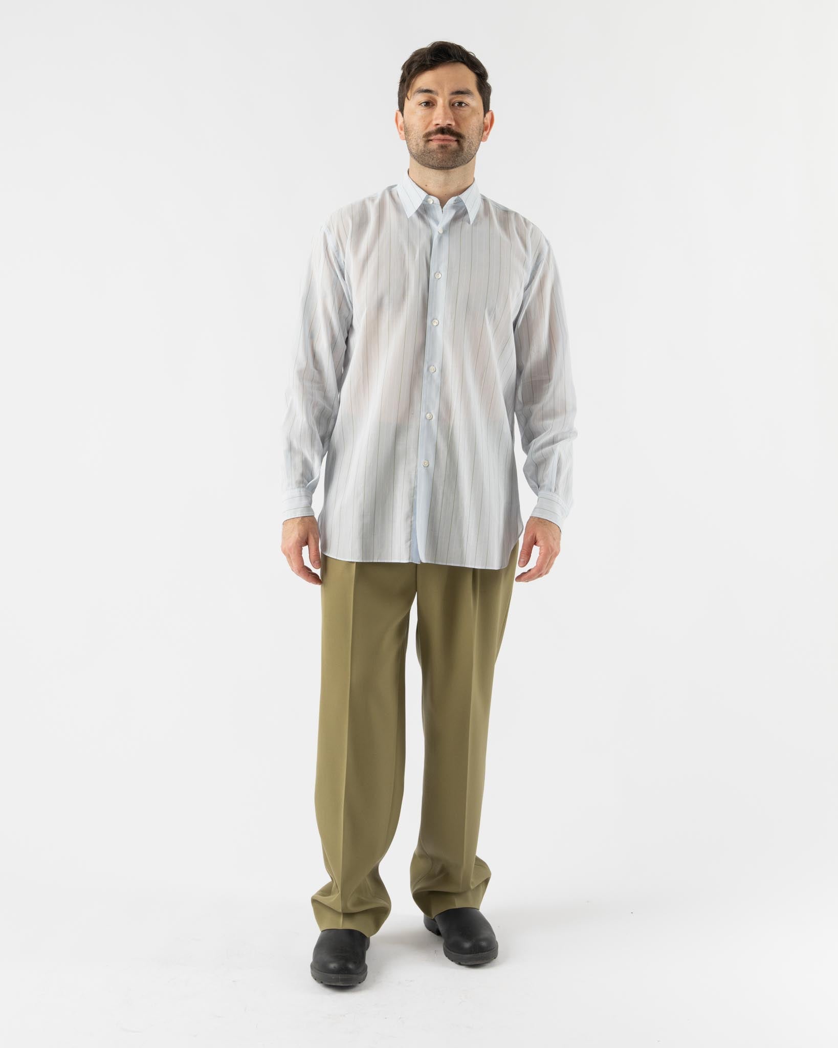 Auralee Mens Hard Twist Finx Organdy Stripe Shirt in Light Blue Stripe