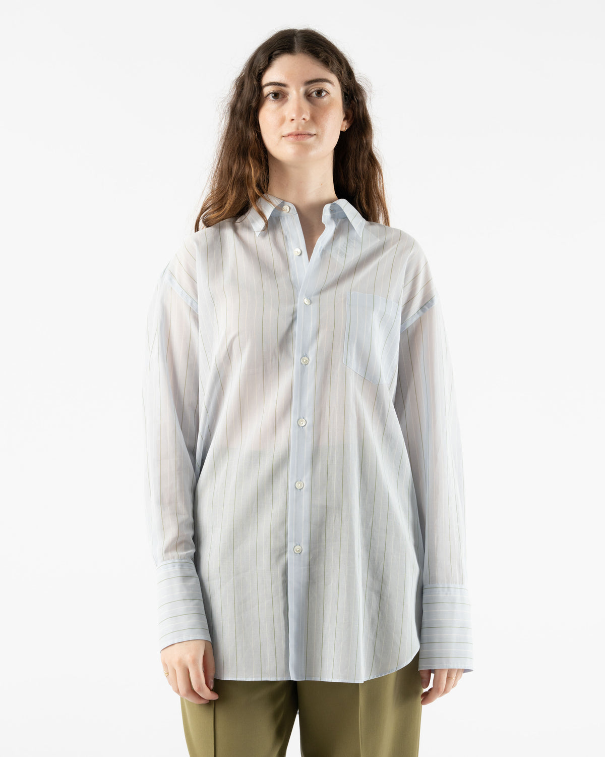 Auralee Hard Twist Finx Organza Stripe Shirt in Light Blue Stripe 