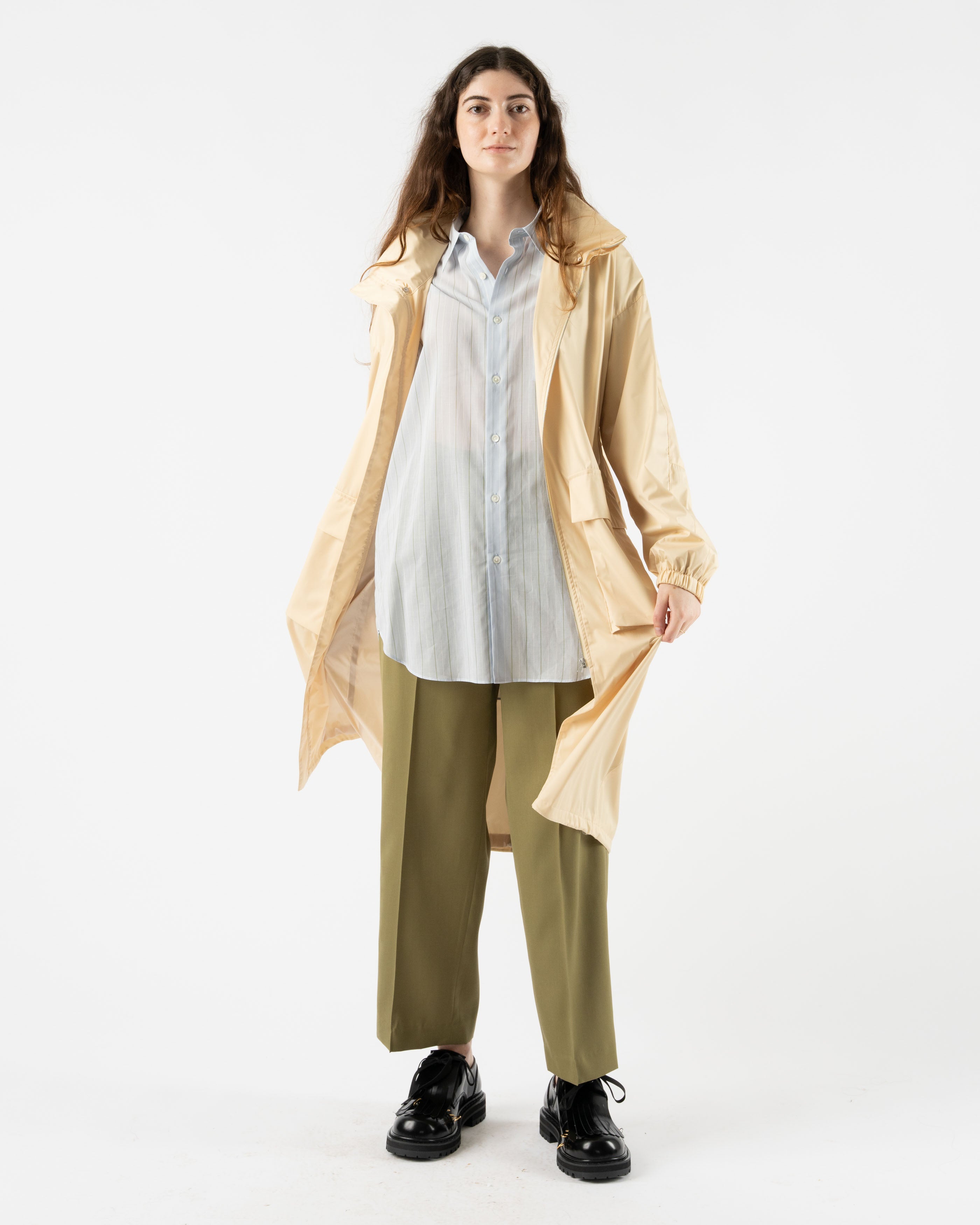 Auralee Hard Twist Polyester Satin Laminate Zip Coat in Light Beige