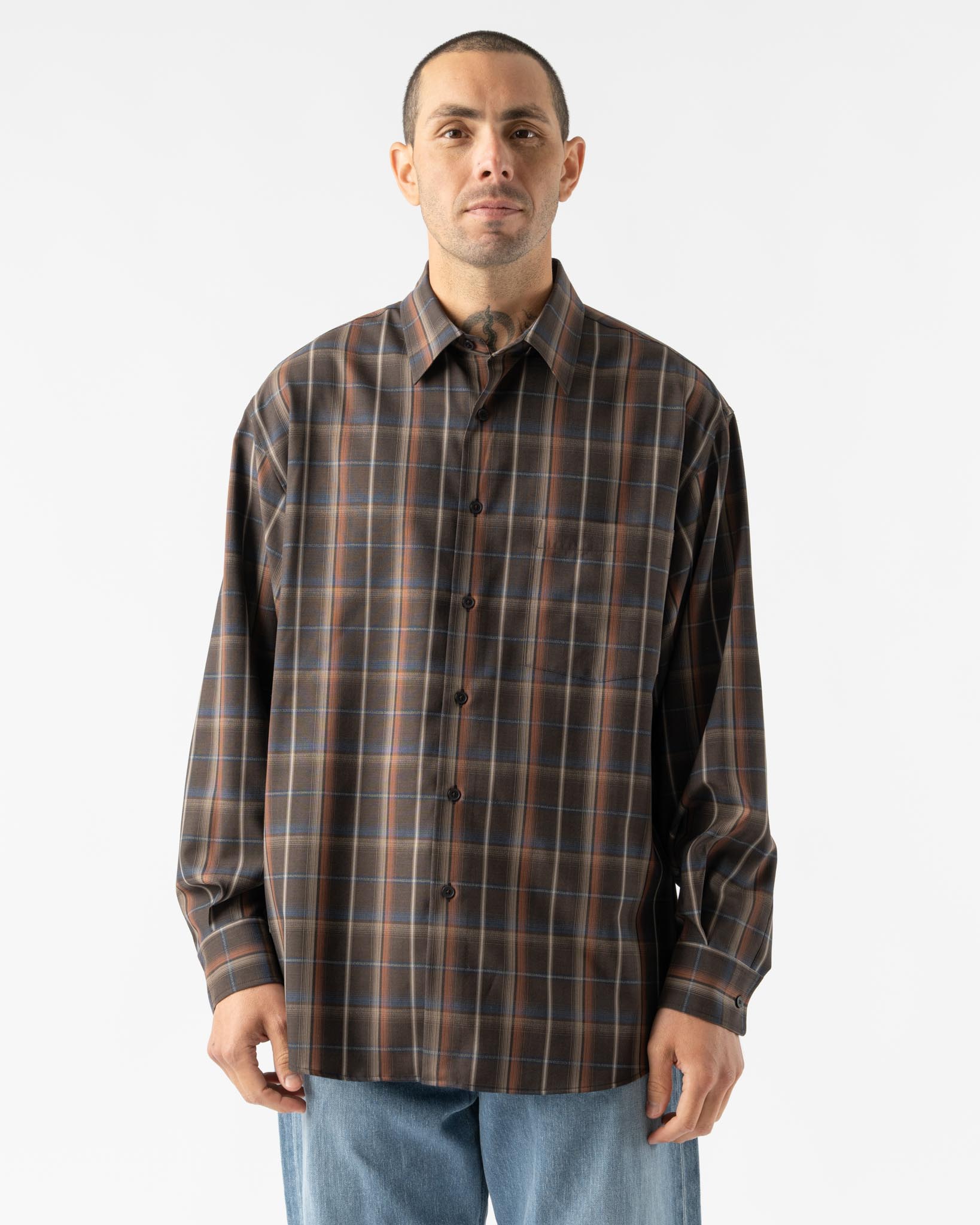 Auralee Super Light Wool Check Shirt in Dark Brown Check