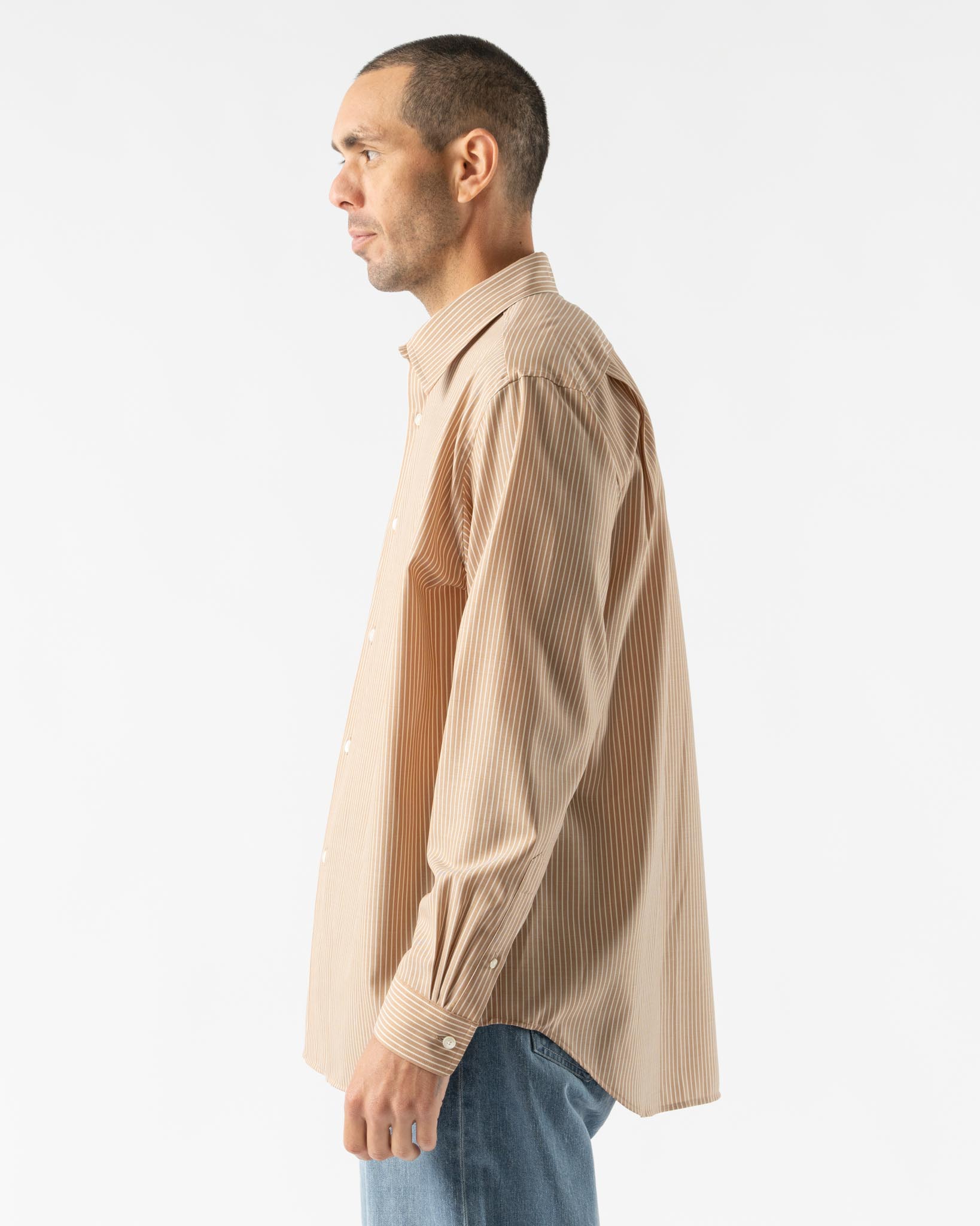Auralee Super Fine Wool Striped Shirt in Light Brown Stripe