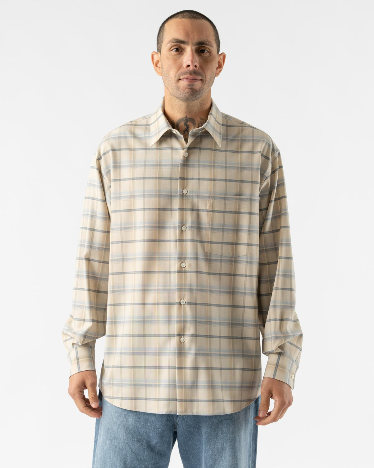 Auralee Super Light Wool Check Shirt in Light Beige Check Curated 