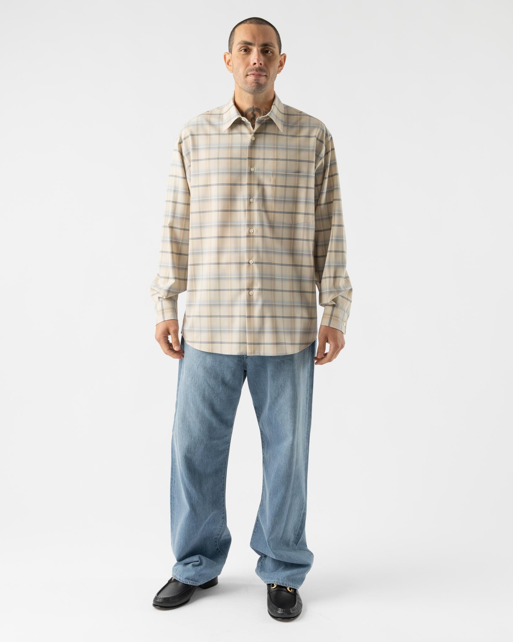 Auralee Super Light Wool Check Shirt in Light Beige Check