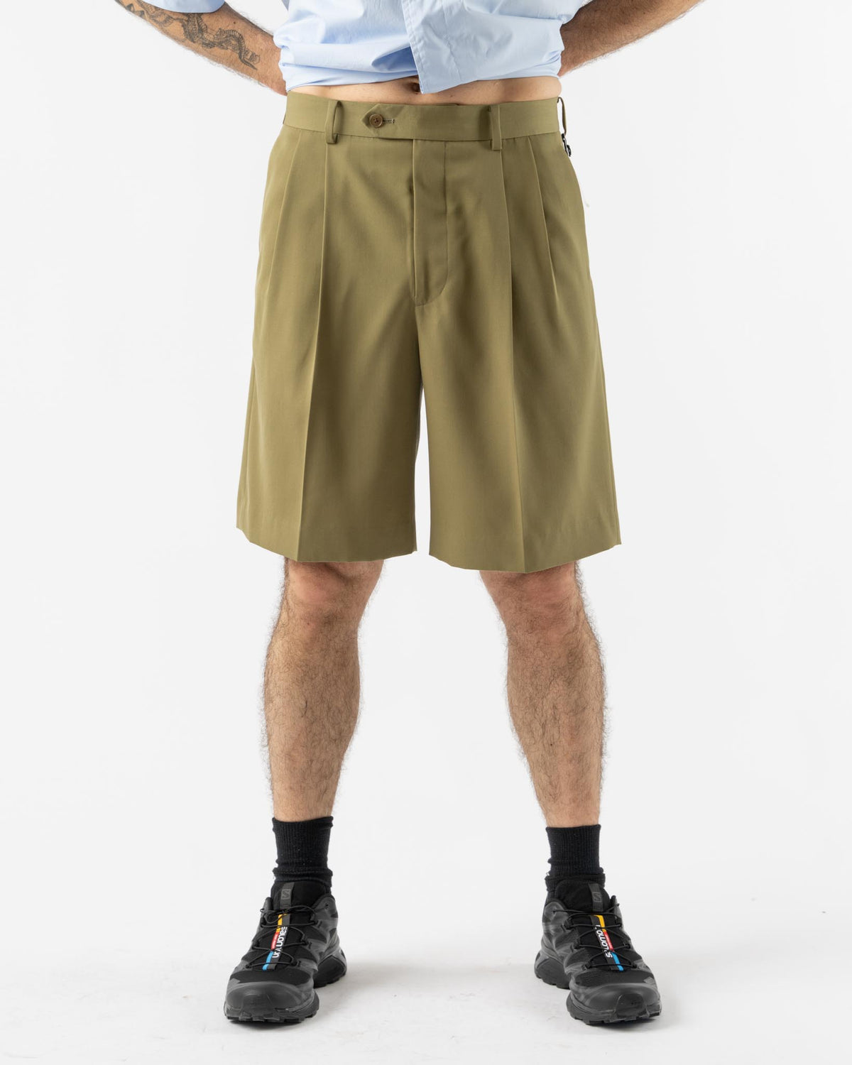 Auralee Light Wool Max Gabardine Shorts in Khaki Curated at Jake 