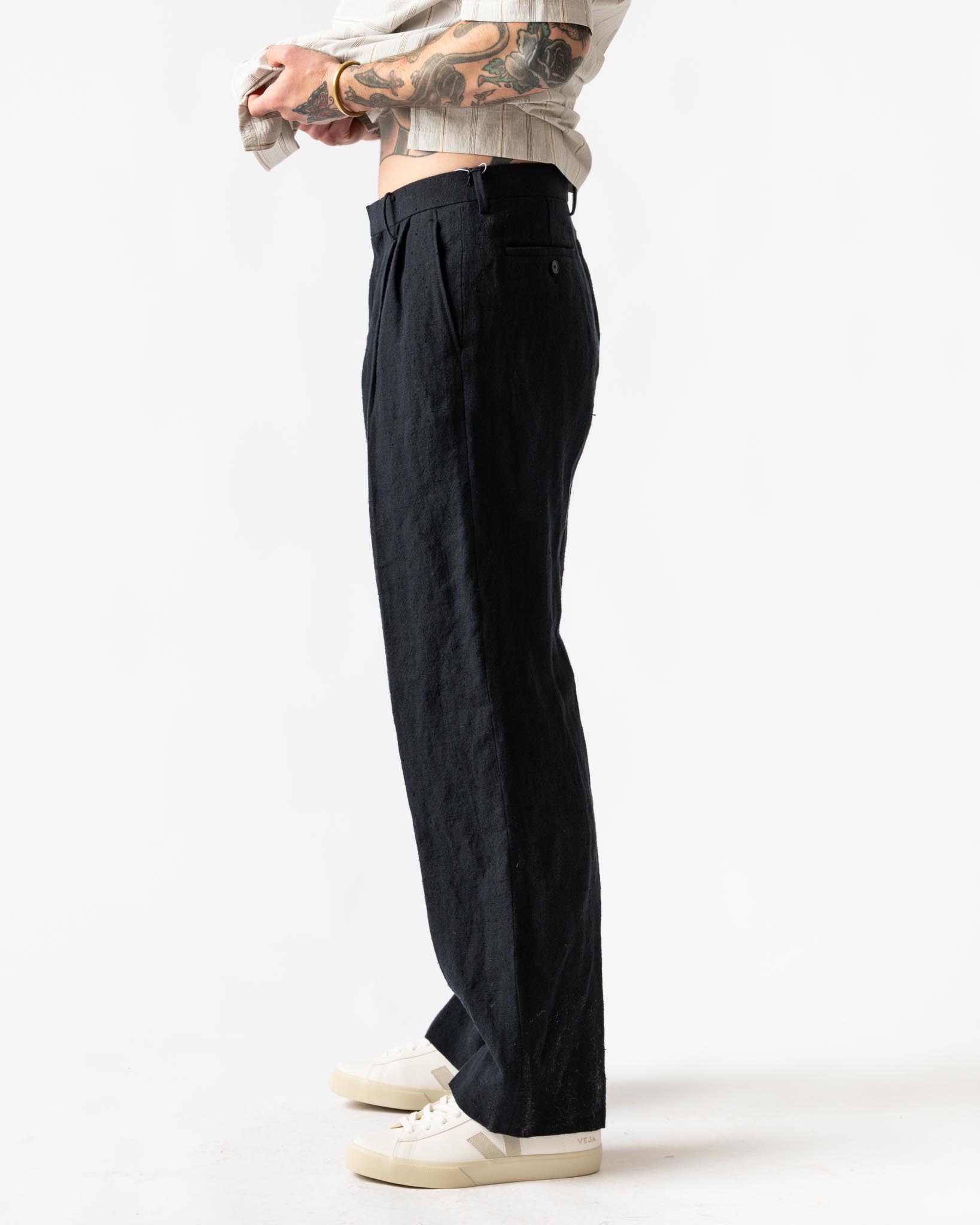 Auralee Linen Silk Tweed Slacks in Dark Navy