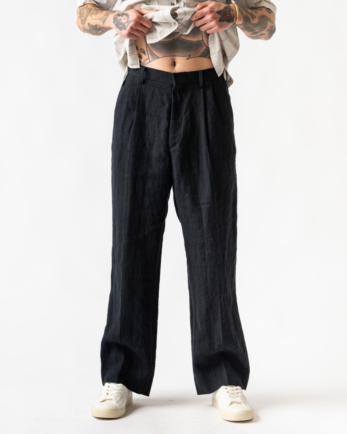 Auralee Linen Silk Tweed Slacks in Dark Navy Curated at Jake and Jones