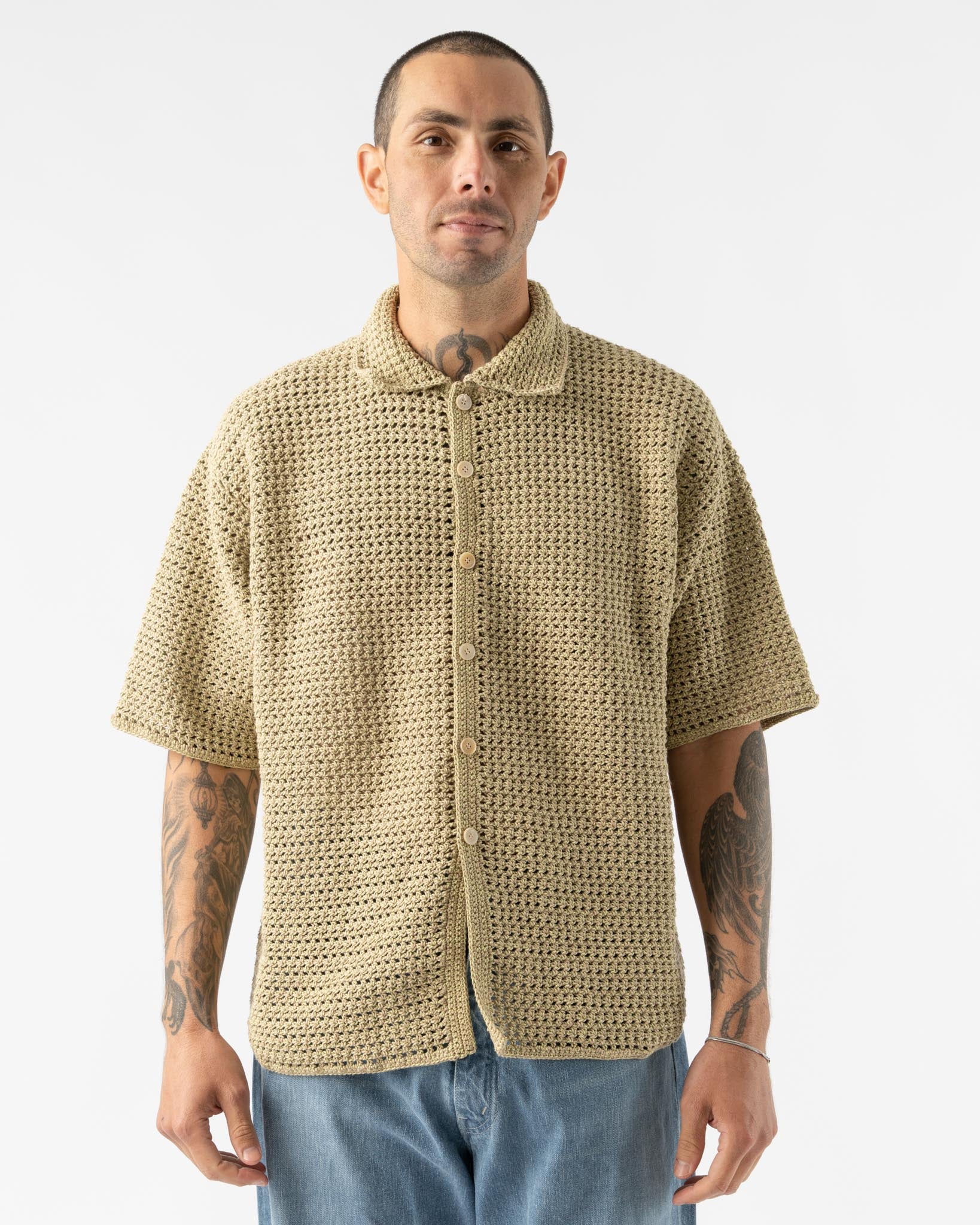 Auralee Hand Crochet Shirt in Khaki Beige