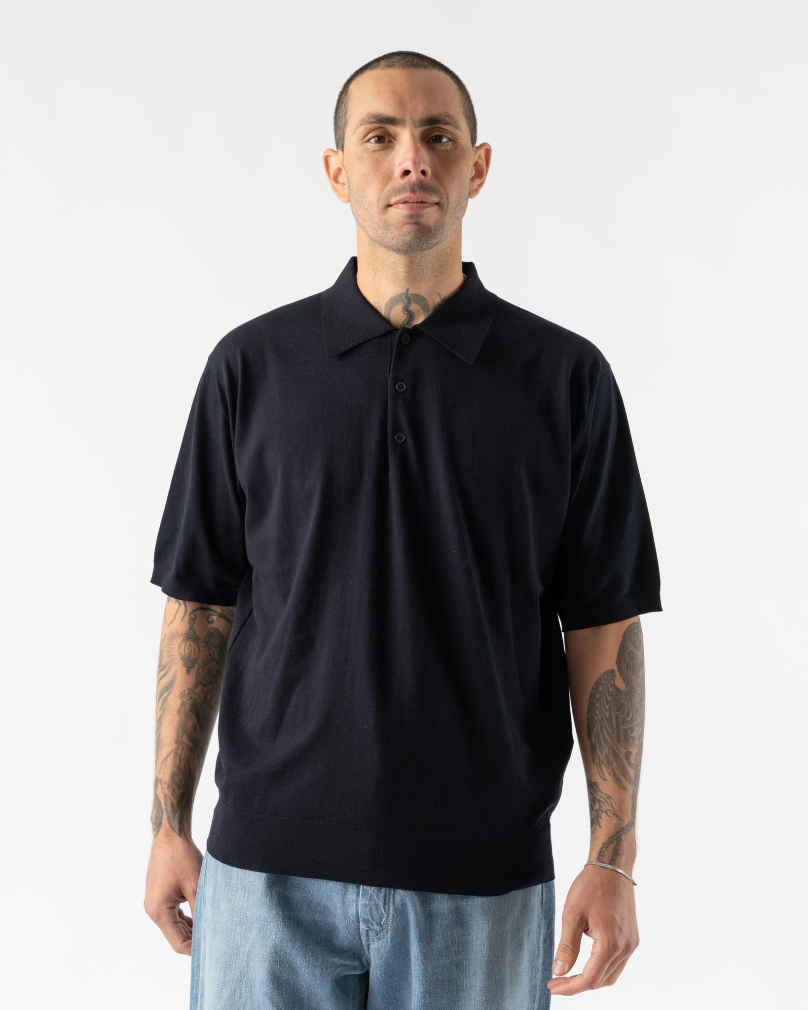 Auralee Super High Gauge Cotton Polo in Dark Navy