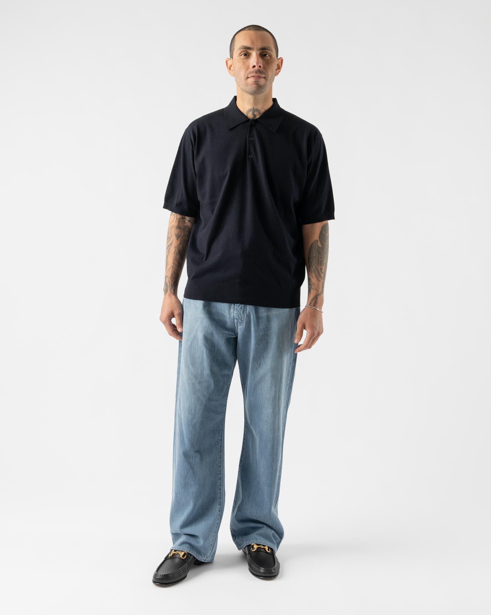 Auralee Super High Gauge Cotton Polo in Dark Navy