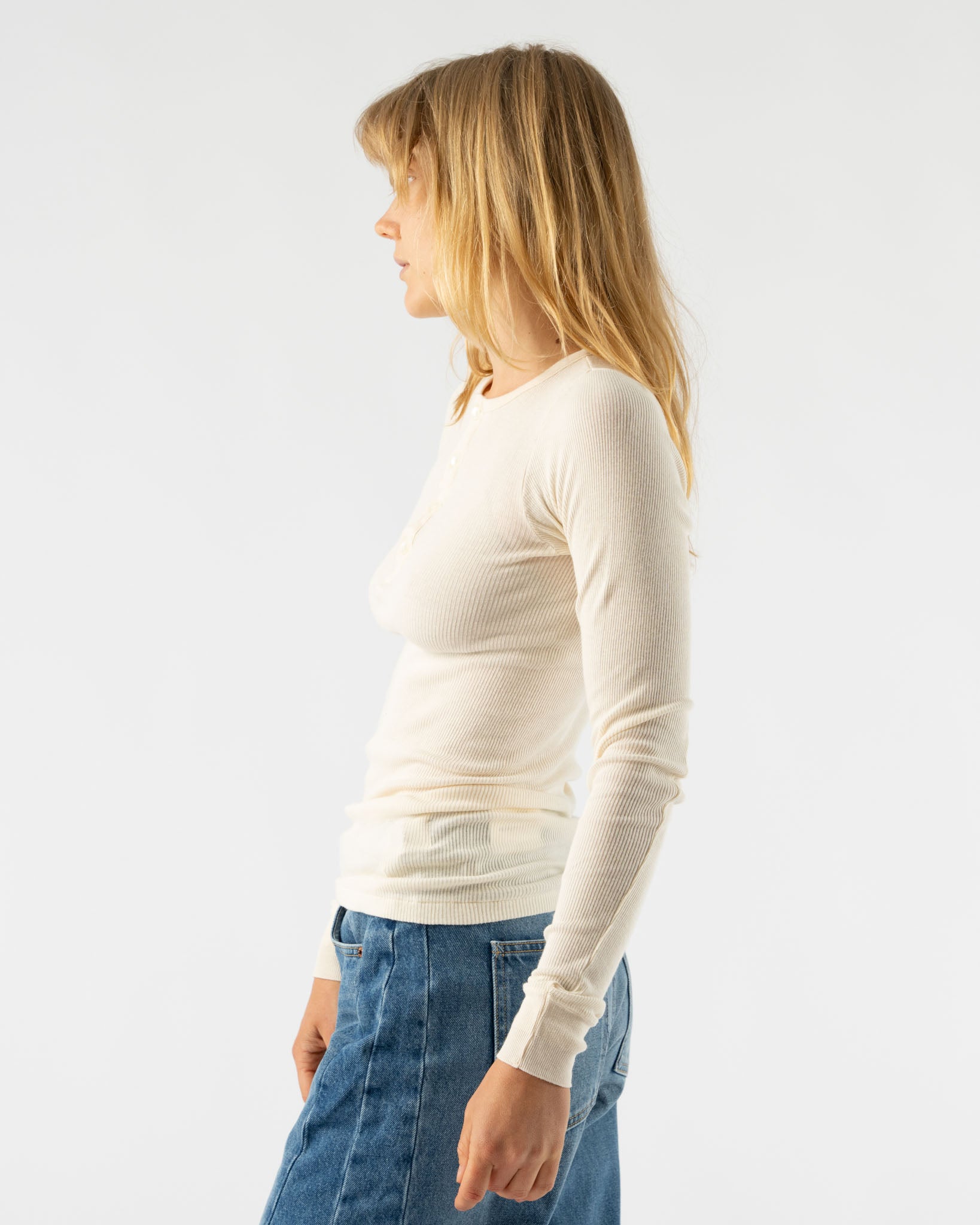 Auralee Organic Soft Rib Henley Neck Long Sleeve Tee in Ivory