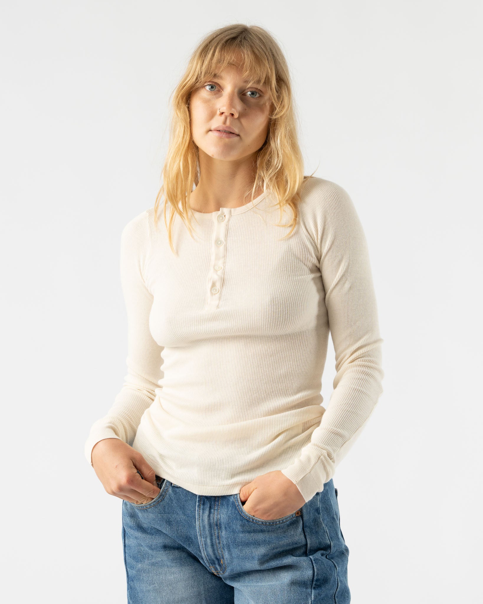 Auralee Organic Soft Rib Henley Neck Long Sleeve Tee in Ivory