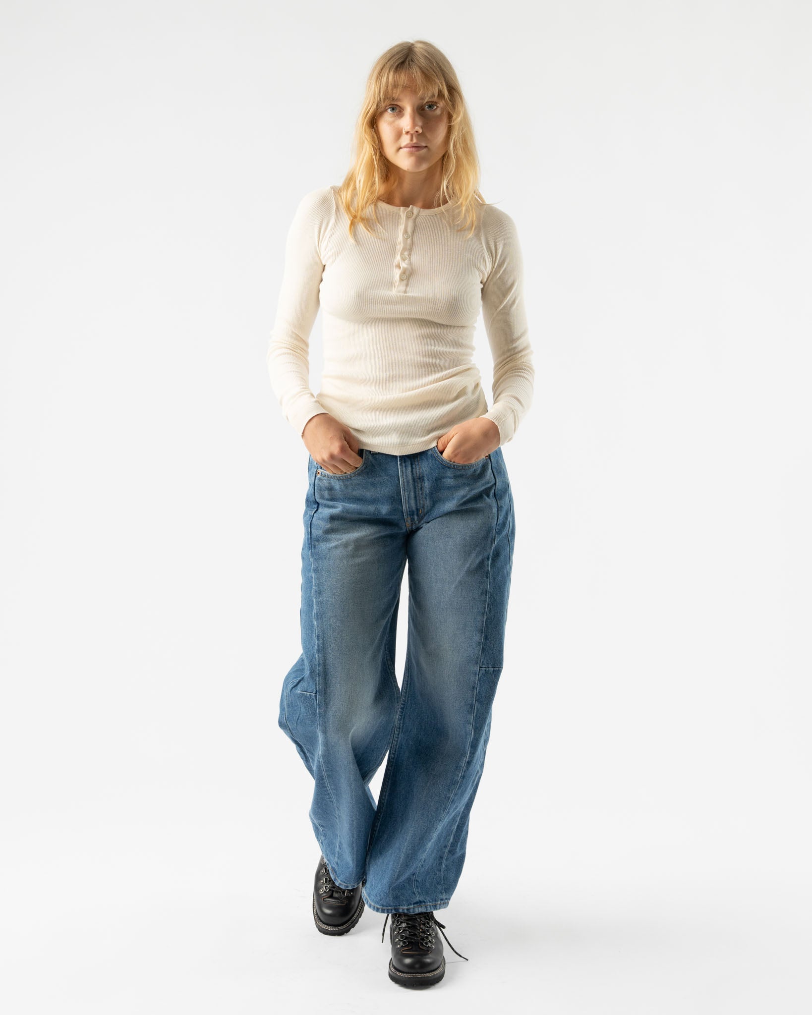 Auralee Organic Soft Rib Henley Neck Long Sleeve Tee in Ivory