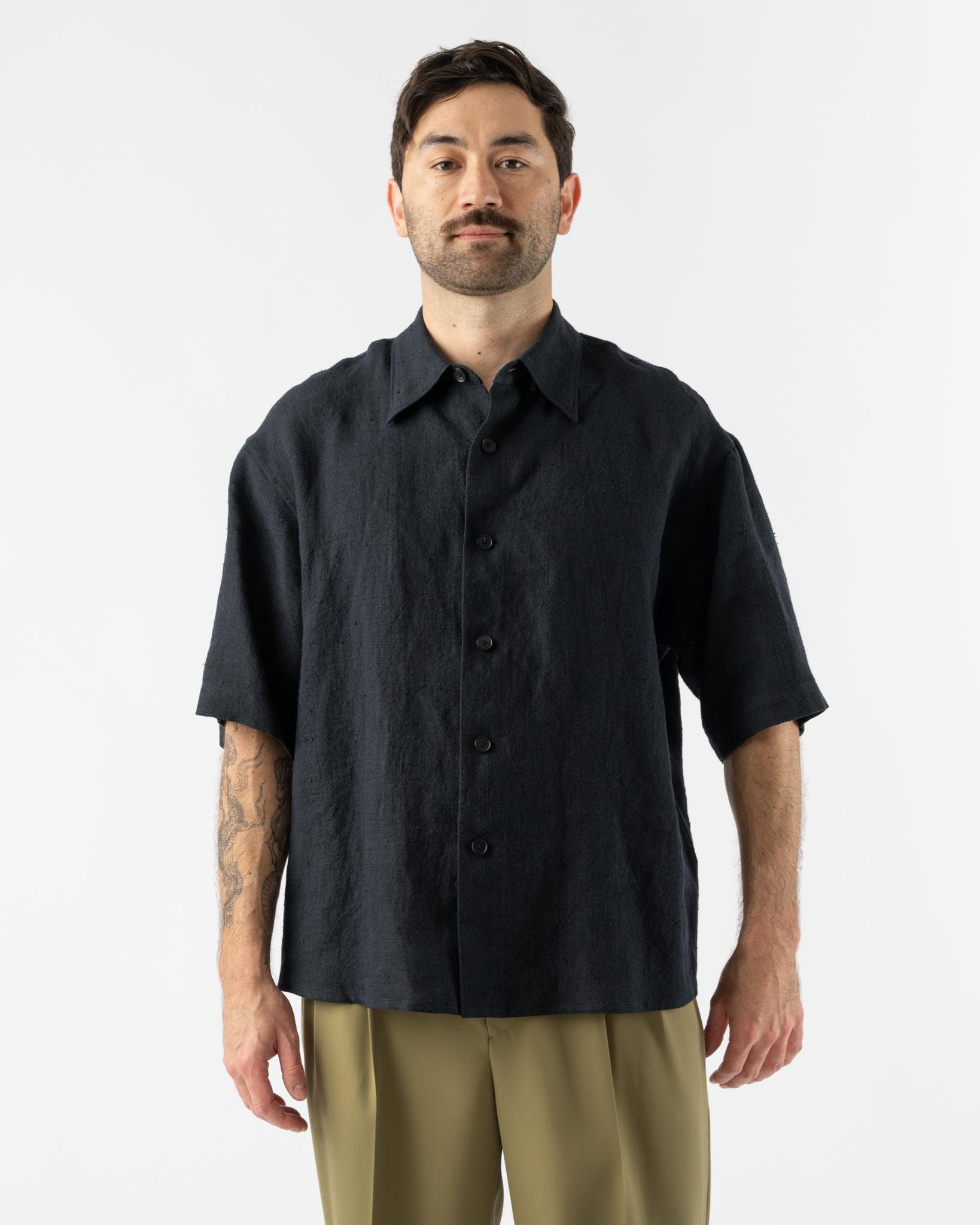 Auralee Linen Silk Tweed Half Sleeved Shirt in Dark Navy