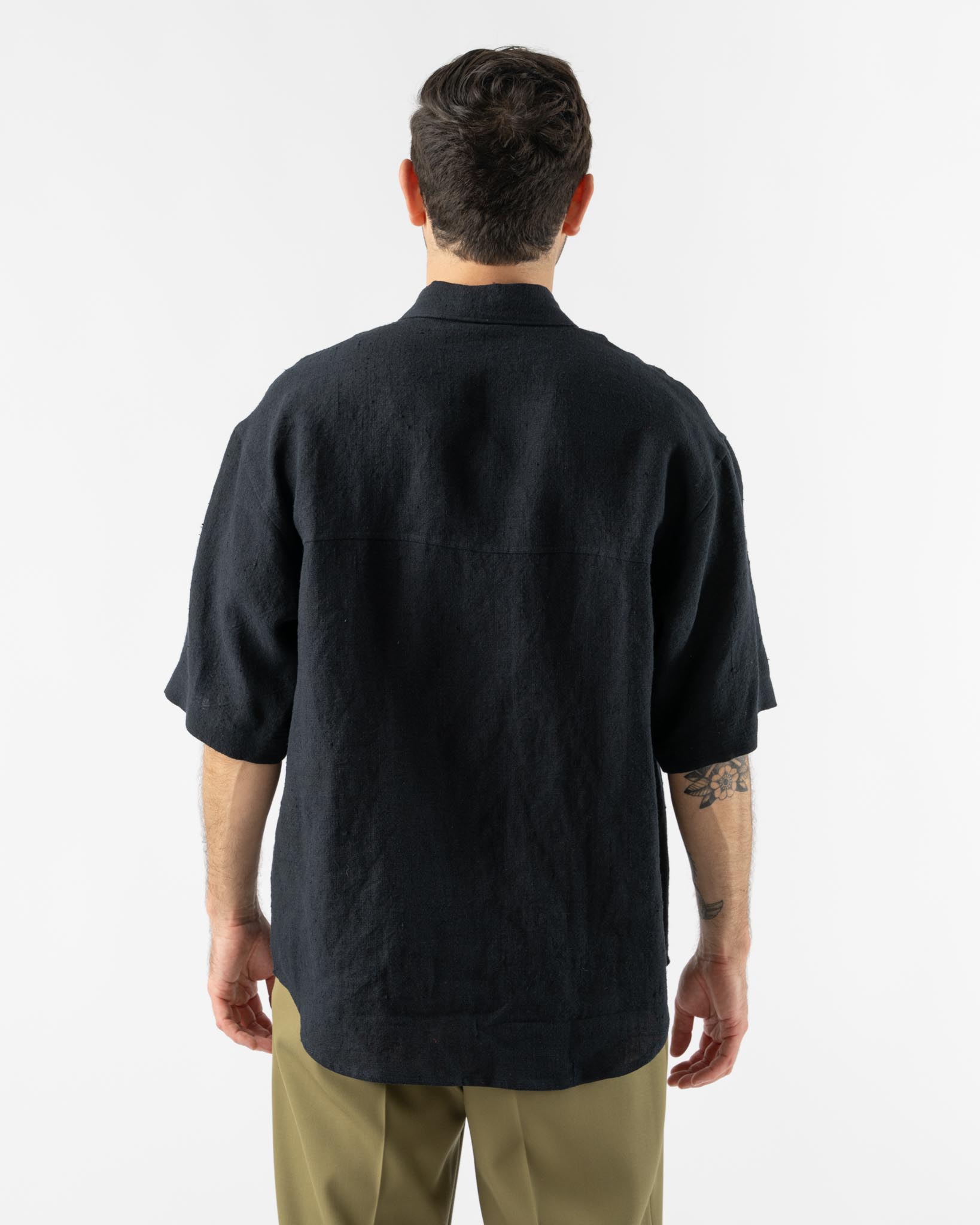 Auralee Linen Silk Tweed Half Sleeved Shirt in Dark Navy