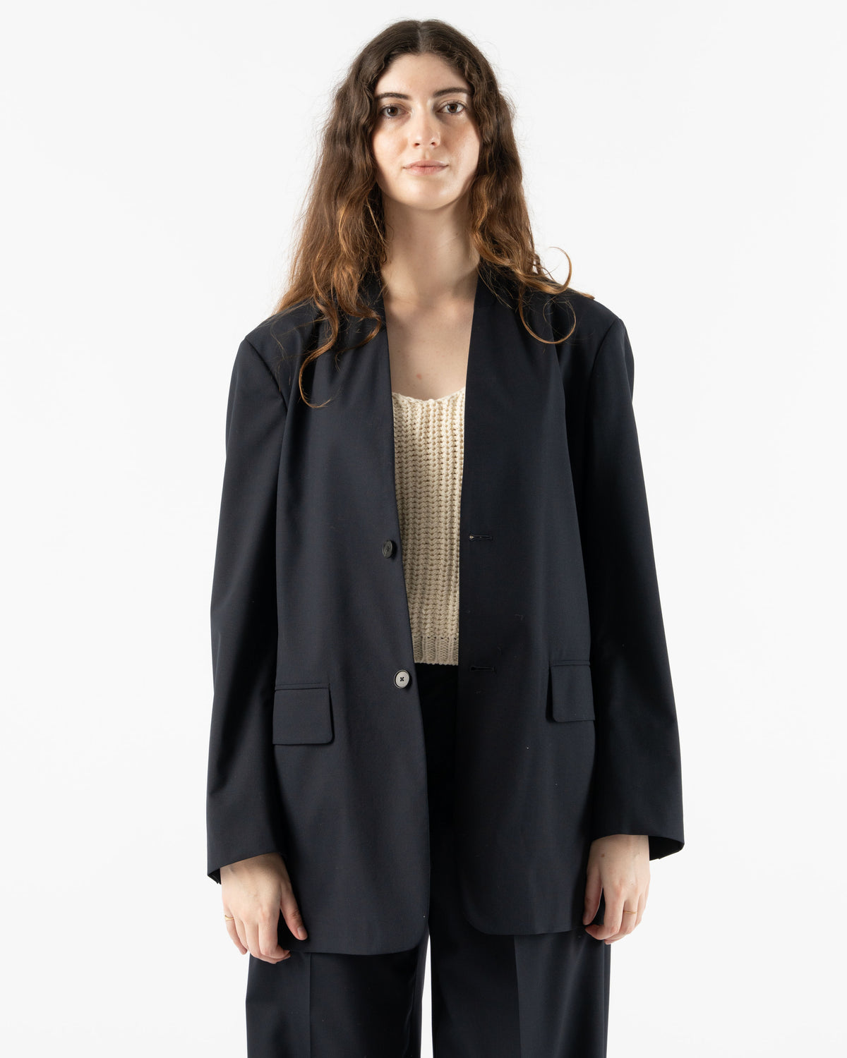 Auralee Super Fine Tropical Wool No Collar Jacket in Dark Navy 