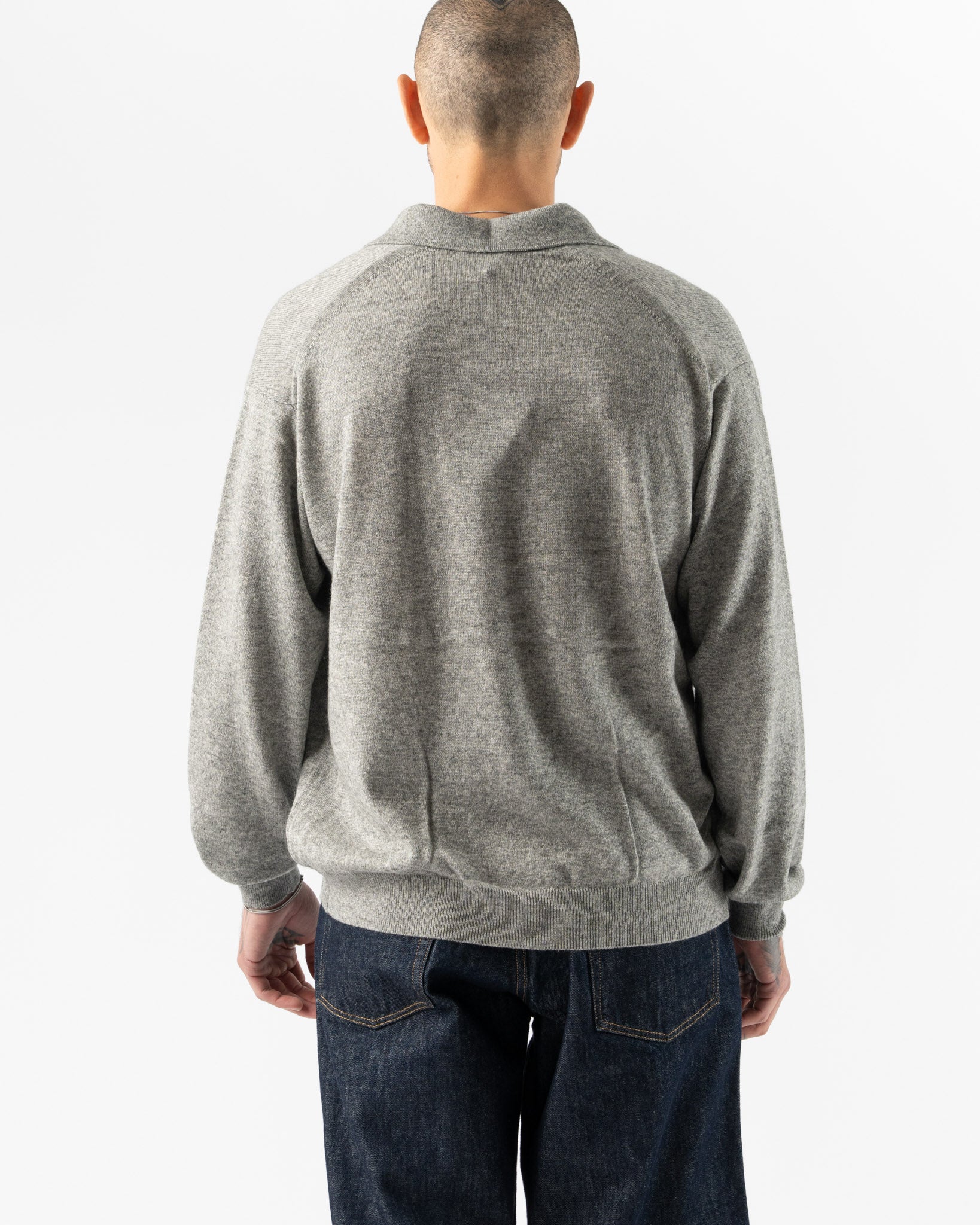 Auralee Mens Super Fine Cashmere Silk Knit Slipper Polo in Top Gray