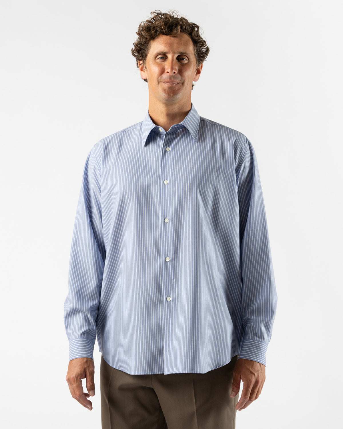 Auralee Super Fine Wool Striped Shirt in Sax Blue Stripe Curated 