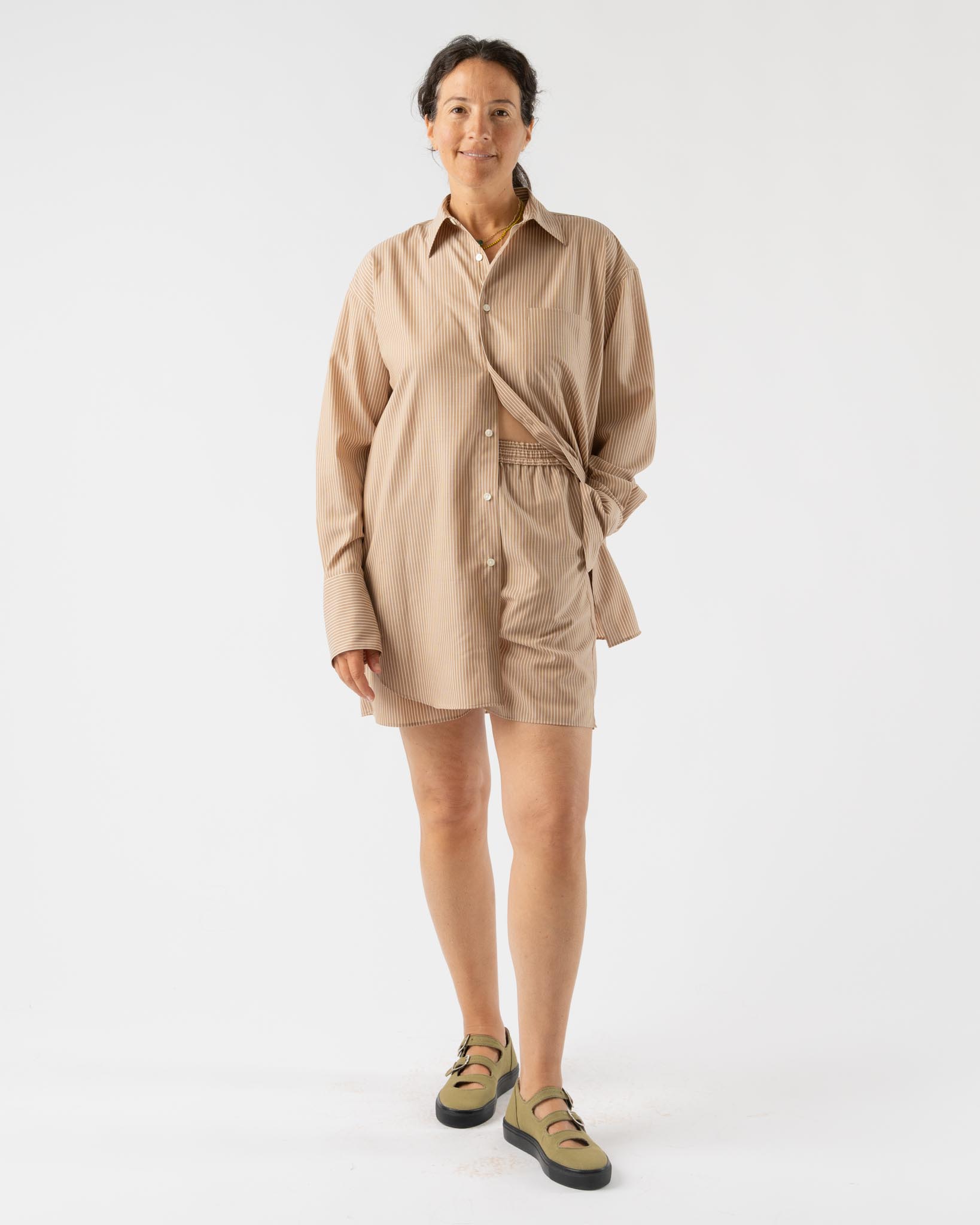 Auralee Super Fine Wool Stripe Shorts in Light Brown Stripe