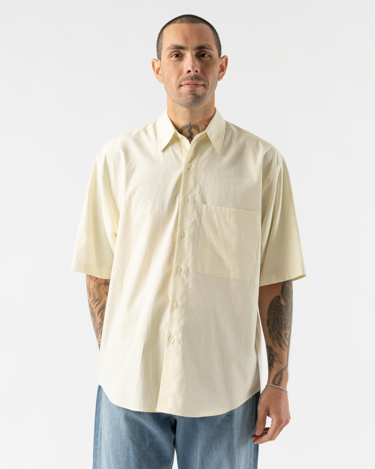 Auralee Washed Finx Twill Big Half Sleeved Shirt in Light Yellow 