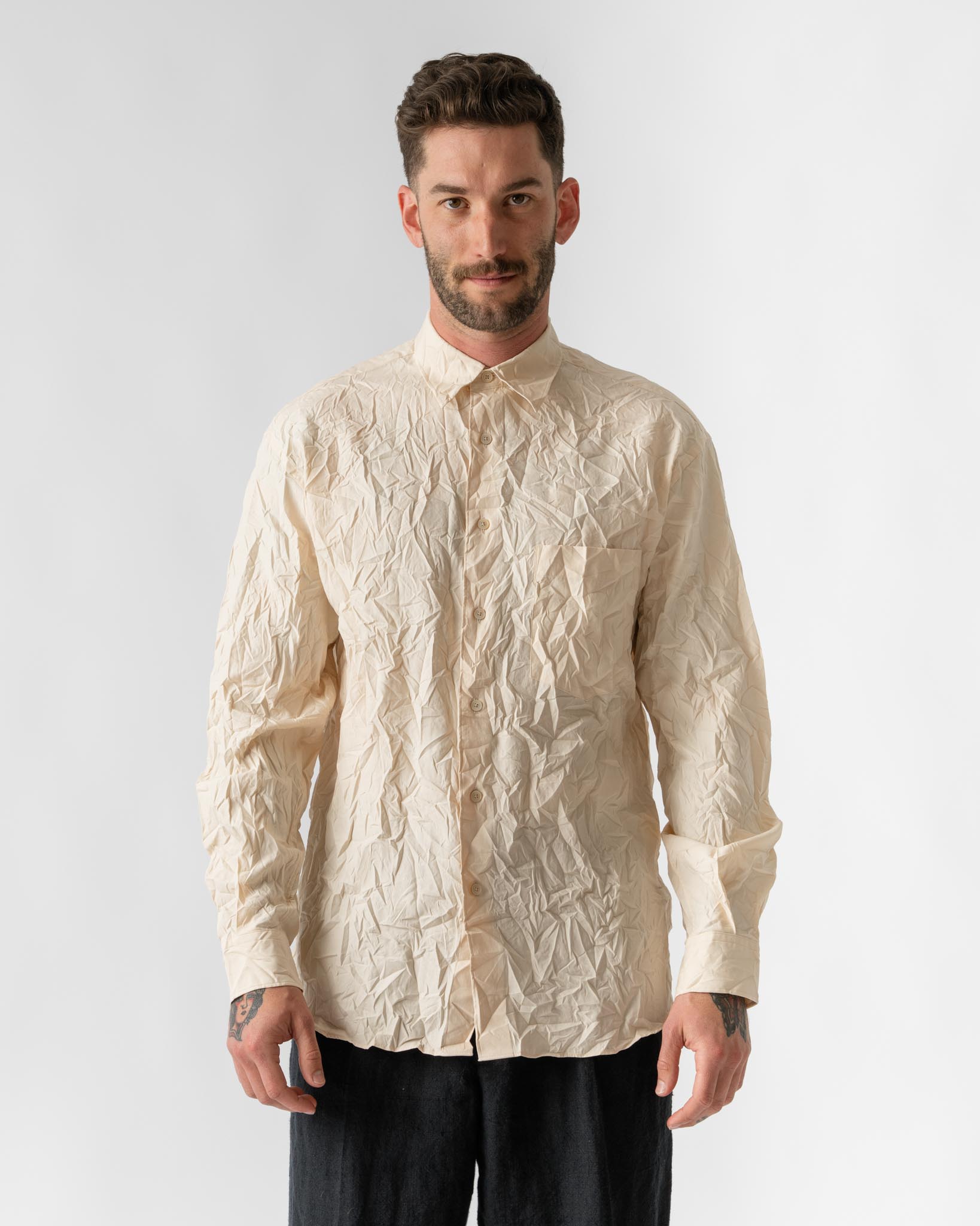 Auralee Wrinkled Washed Finx Twill Shirt in Pink Beige