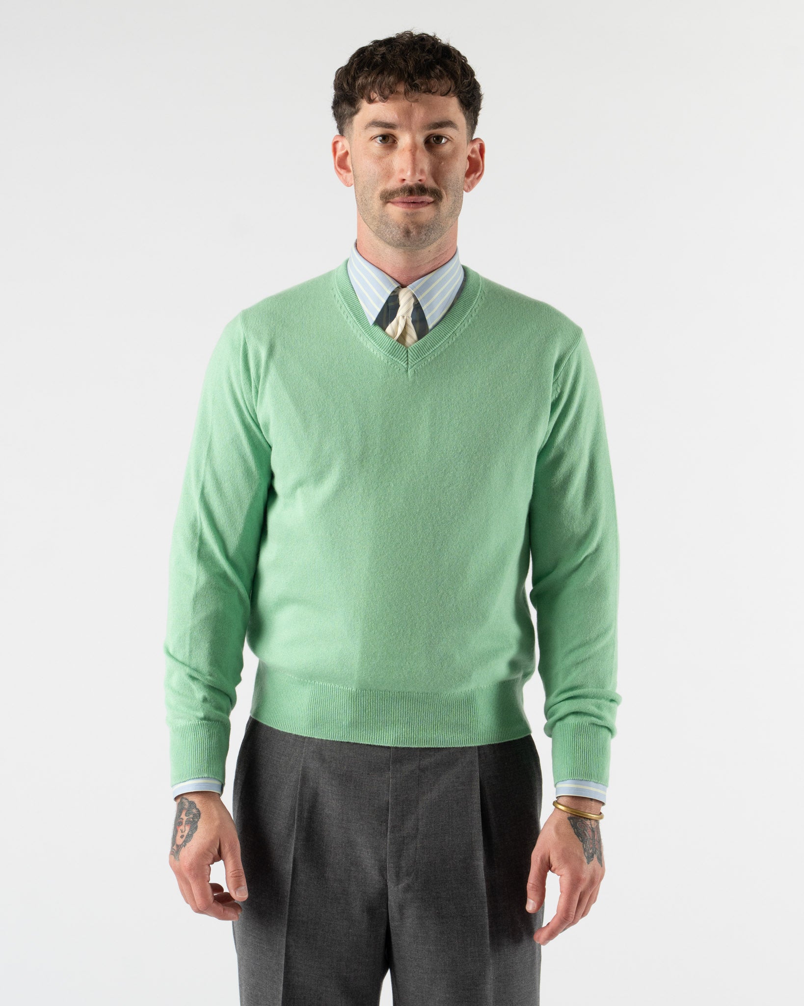 Auralee Super Fine Cashmere Silk Knit V-Neck P/O in Mint Green