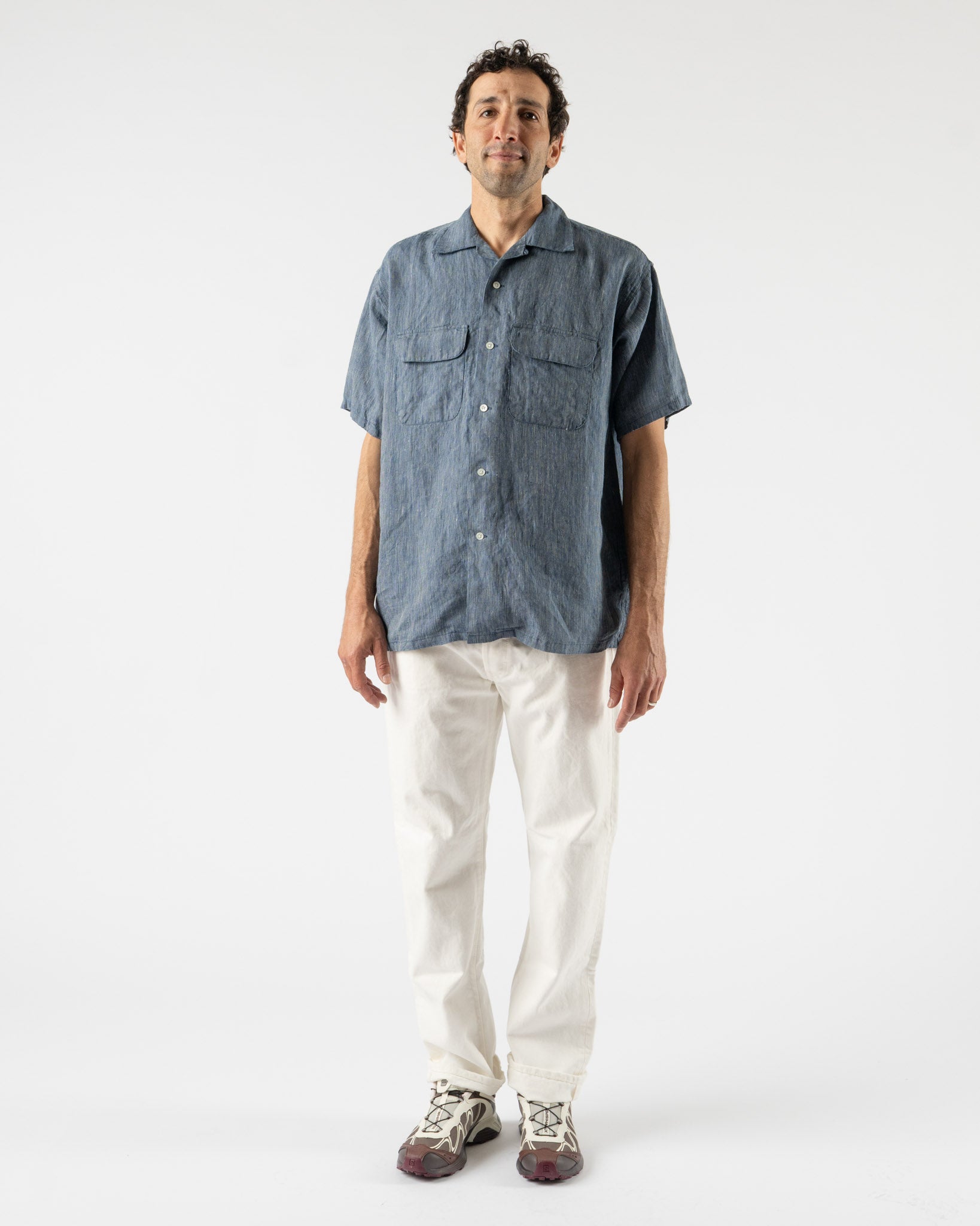 Beams Plus Open Collar Indigo Linen Stripe Shirt