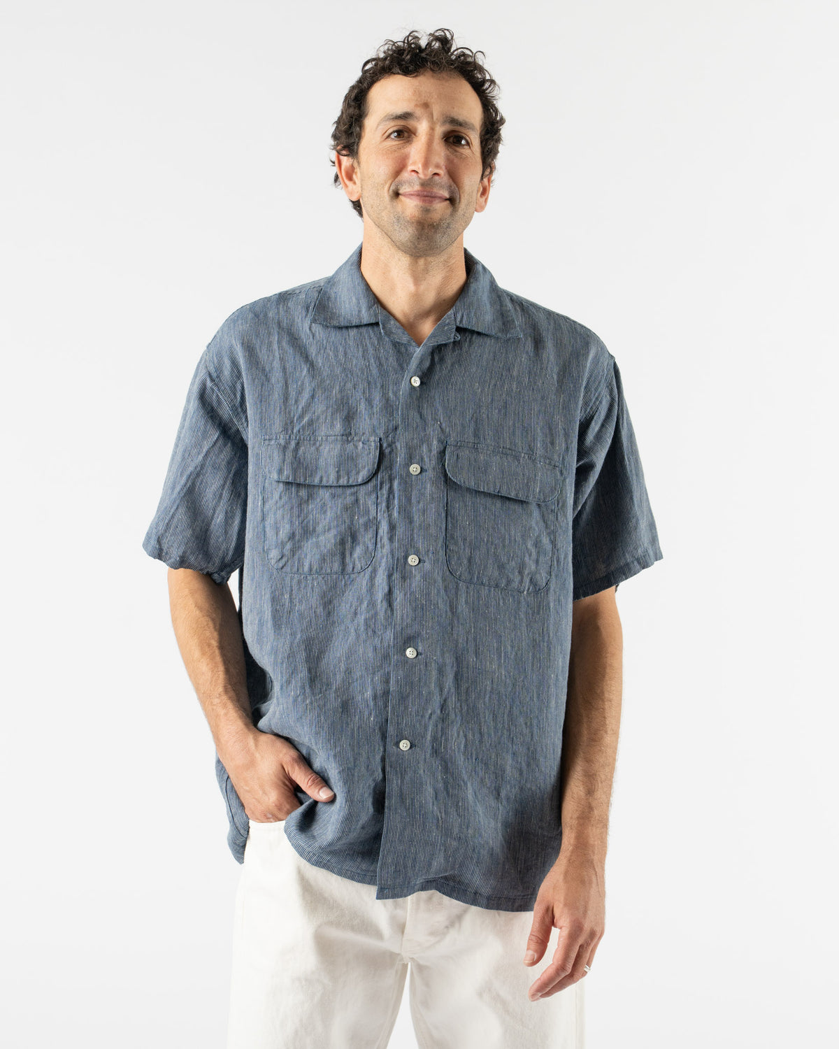 Beams Plus Open Collar Indigo Linen Stripe Shirt Curated at Jake 