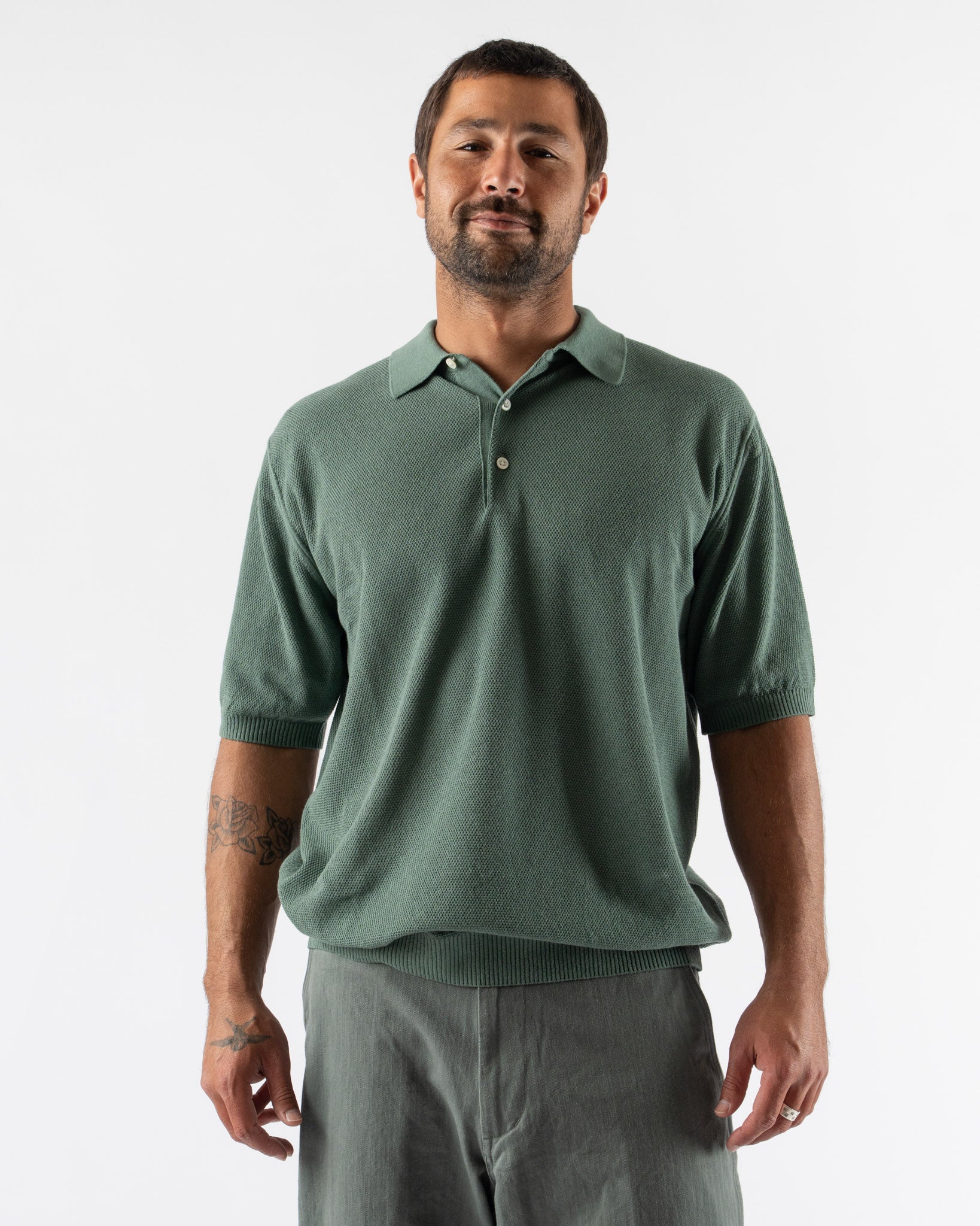 Beams Plus Pique Polo 14G in Olive Curated at Jake and Jones