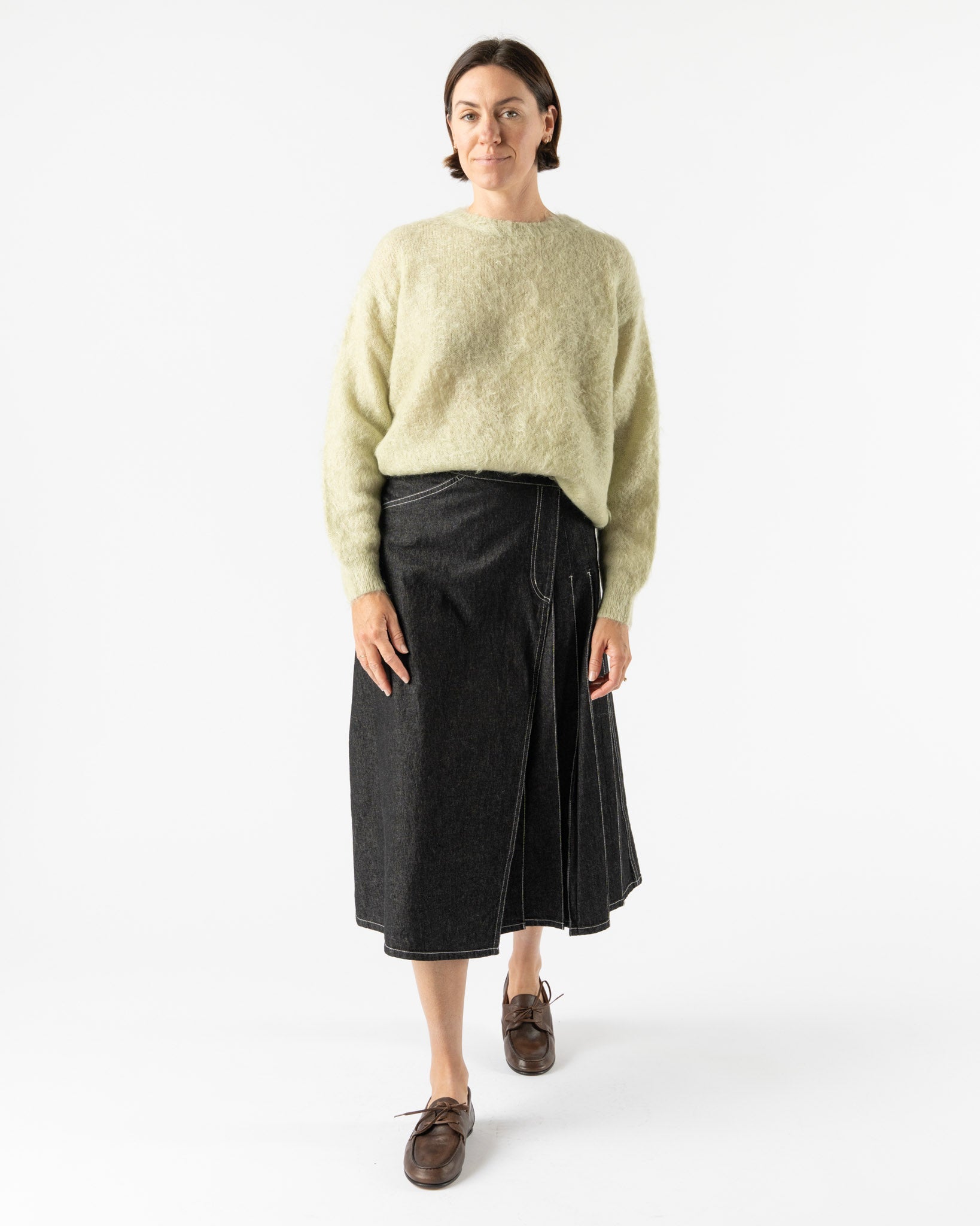 Beams Boy Wrapped Pleated Skirt in Black Denim