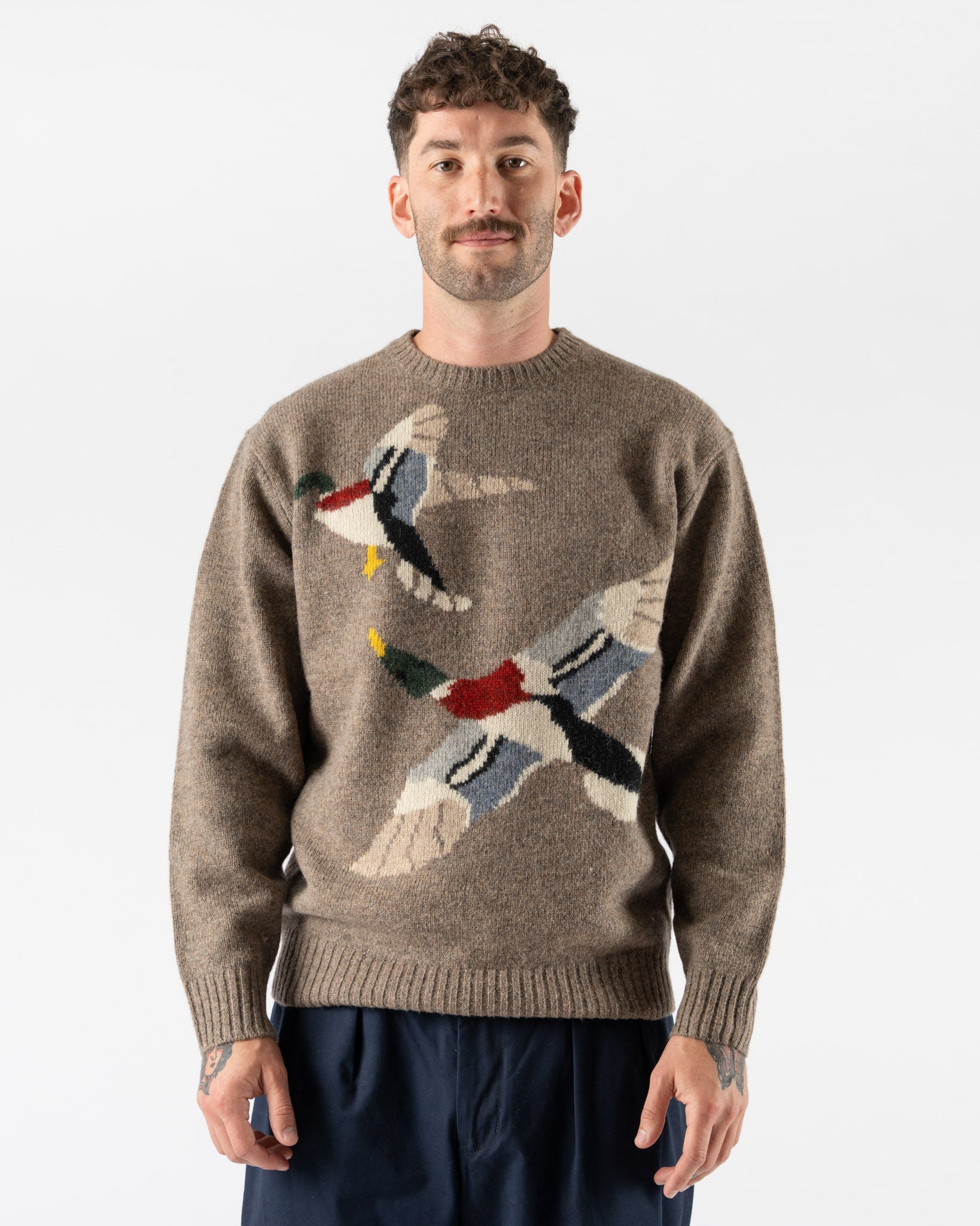 Beams Plus Crew Intarsia Duck Pattern in Beige