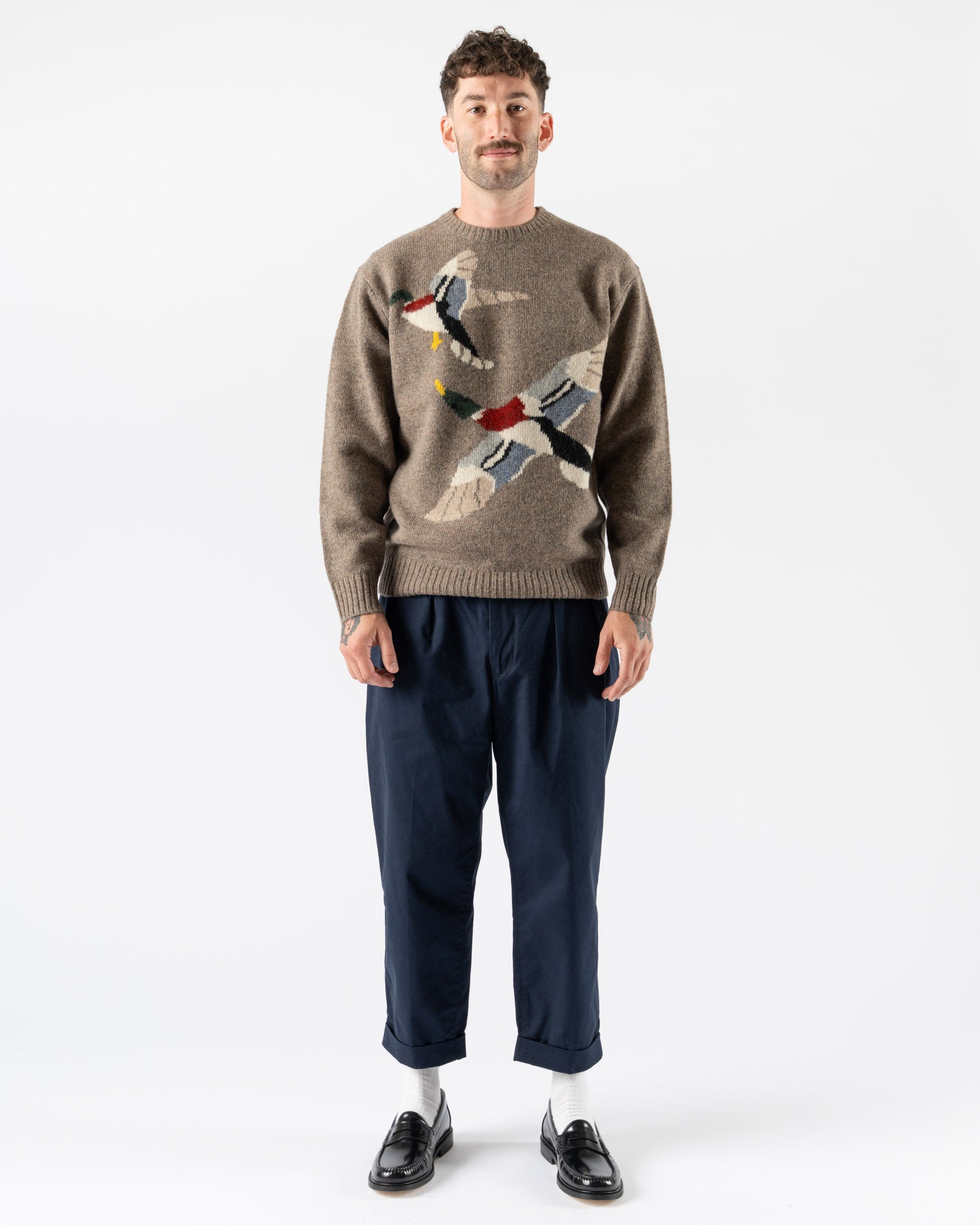 Beams Plus Crew Intarsia Duck Pattern in Beige