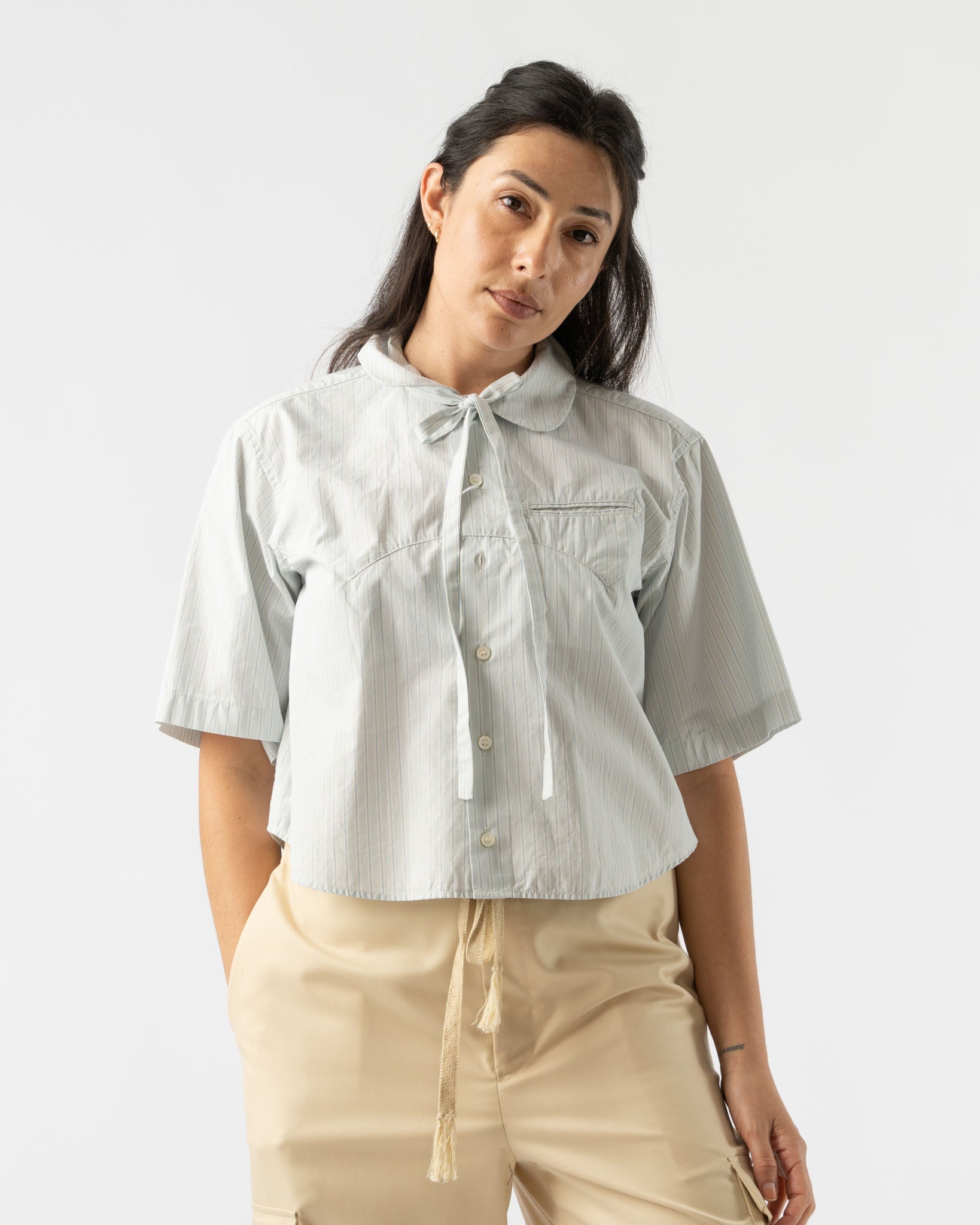 BLANK Crest Half Shirt in Blue/Natural Stripe Poplin