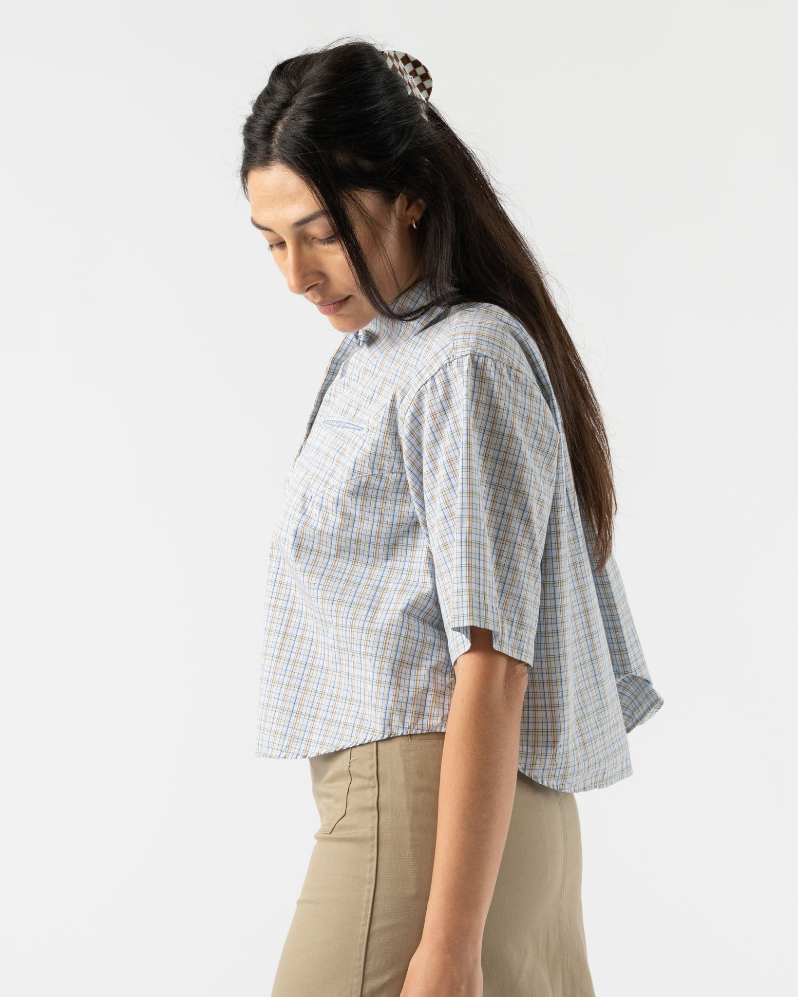 BLANK Crest Half Shirt in Light Blue/Brown/Green Small Plaid