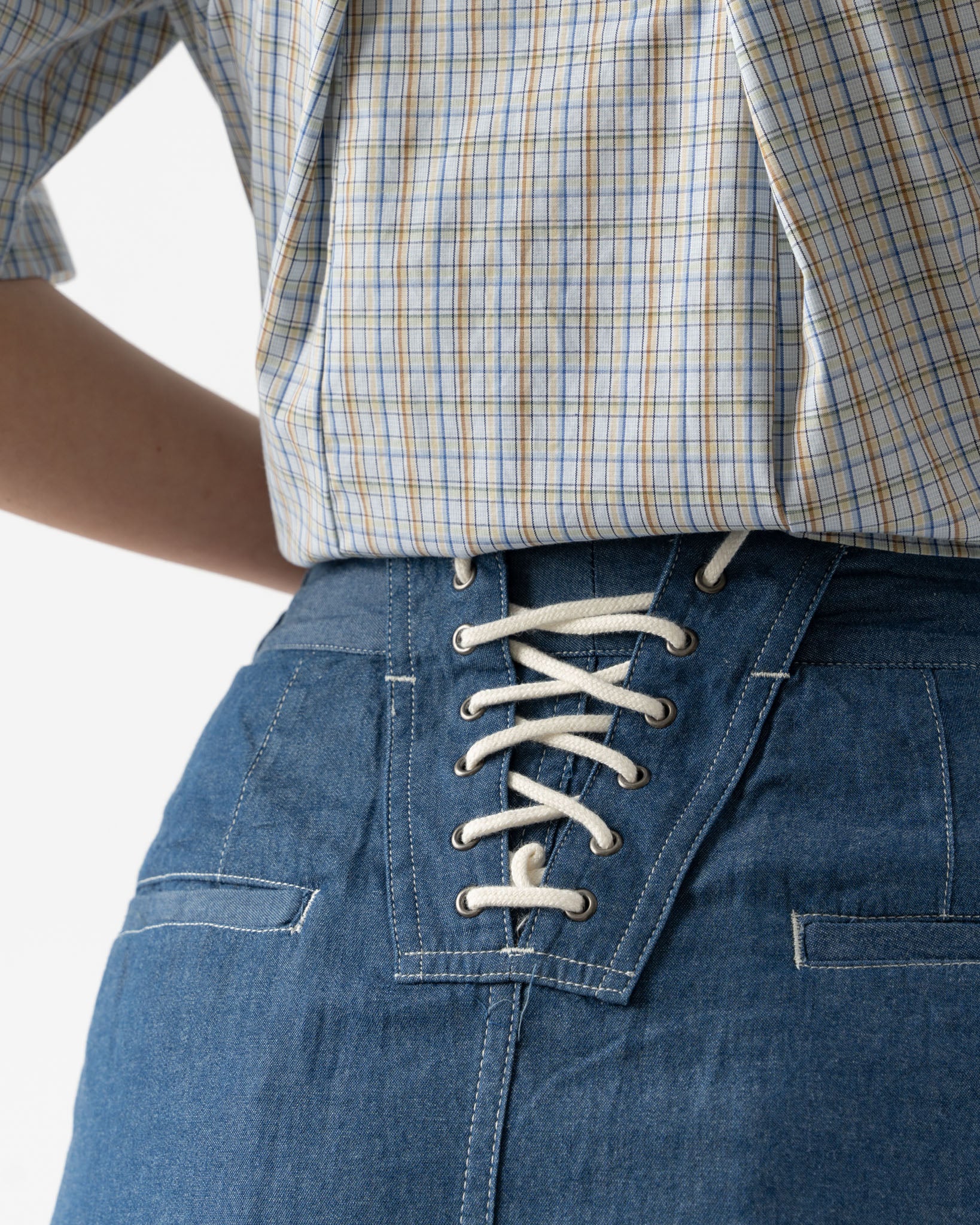 BLANK Lace Up Skirt in Blue Cotton Denim Shirting