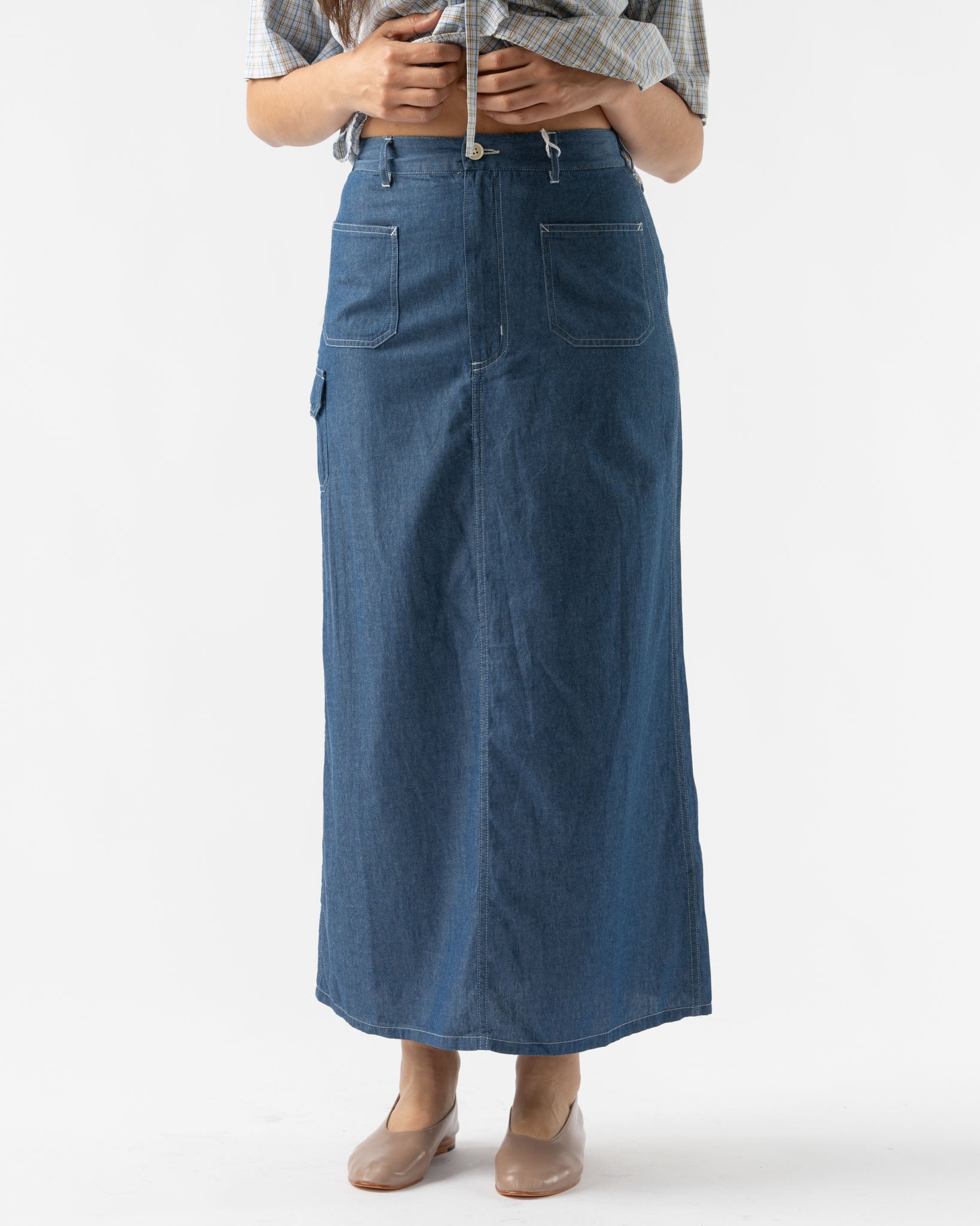 BLANK Lace Up Skirt in Blue Cotton Denim Shirting