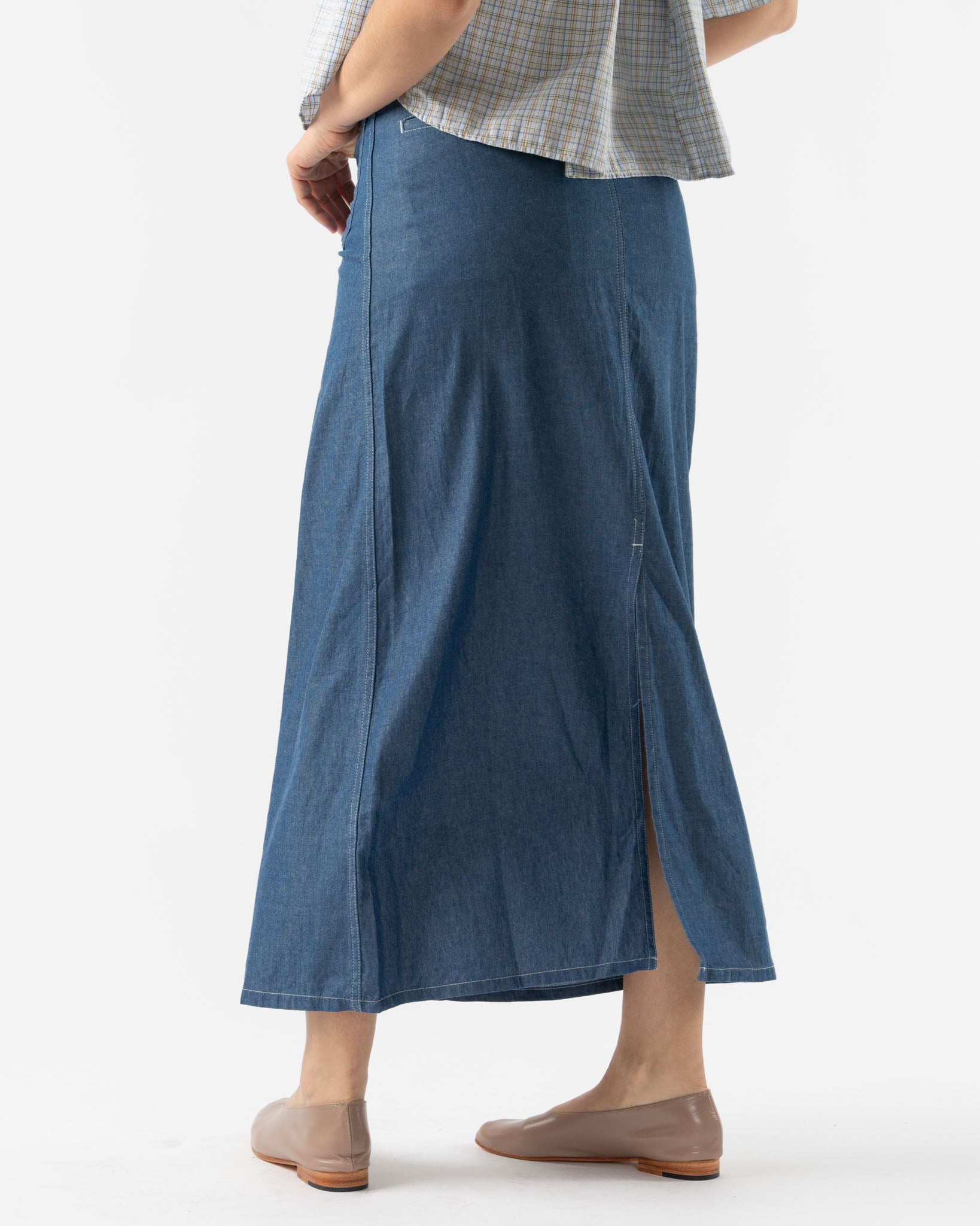 BLANK Lace Up Skirt in Blue Cotton Denim Shirting