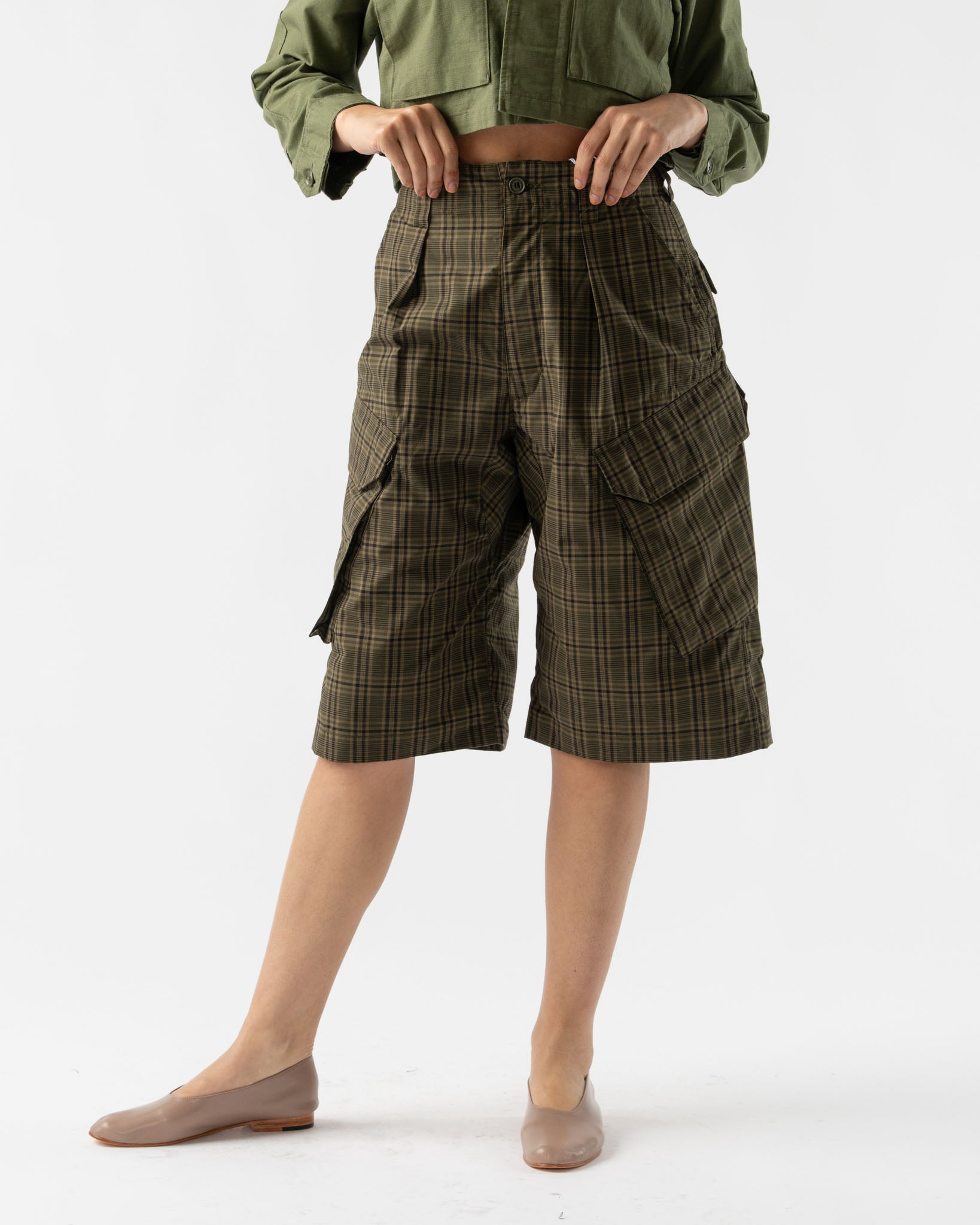 BLANK Royal Gaucho Pants in Olive Poly Cotton Small Plaid