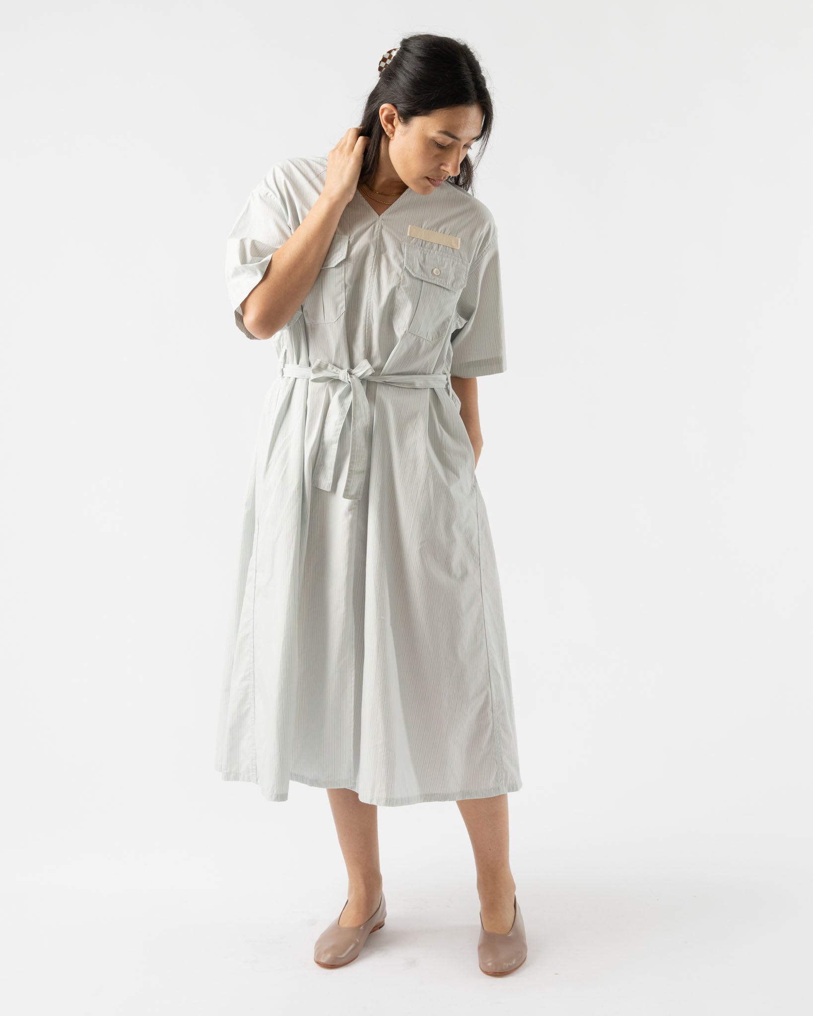BLANK YSM Popover Dress in Blue/Natural Stripe Poplin